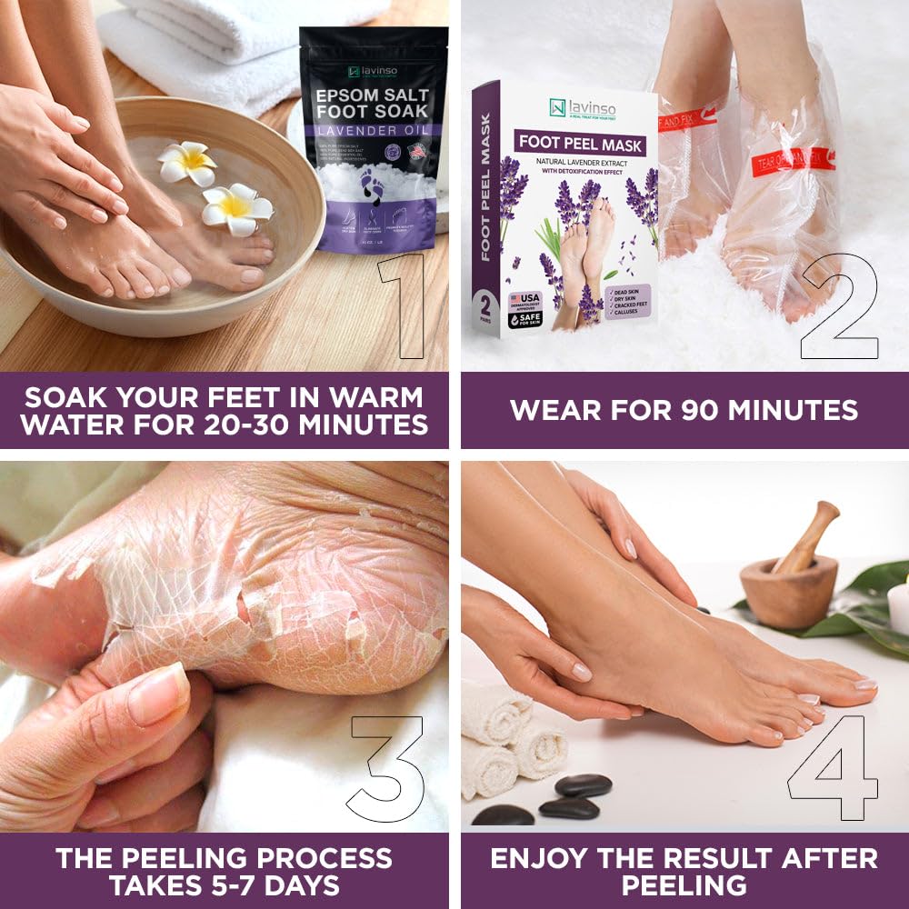 Lavinso Lavender Foot Exfoliator Peeling Mask for Dry Cracked Feet - 3 Pack - Remove Dead Skin and Callus - Foot Peel Mask for Baby Soft Feet