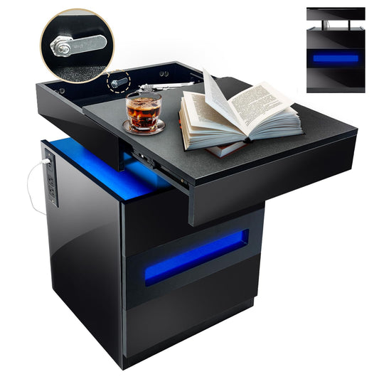 POVUD Night Stand with Gun Drawer Holder, Modern Bedside Table Nightstand with Led Lights and Hidden Locking Compartment with Power Strip Outlet and USB C Port Storage Shelves for Bedroom Black