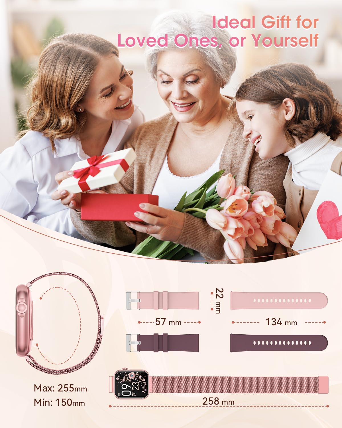 Smart Watches for Women, Health Fitness Watch for Android iPhone, Sleep/Heart Rate/SpO2/Blood Pressure Monitor, 1.85'' Smartwatch for Calls/SMS/Notifications, 100+ Sports Modes, 300+ Dials, 3 Bands