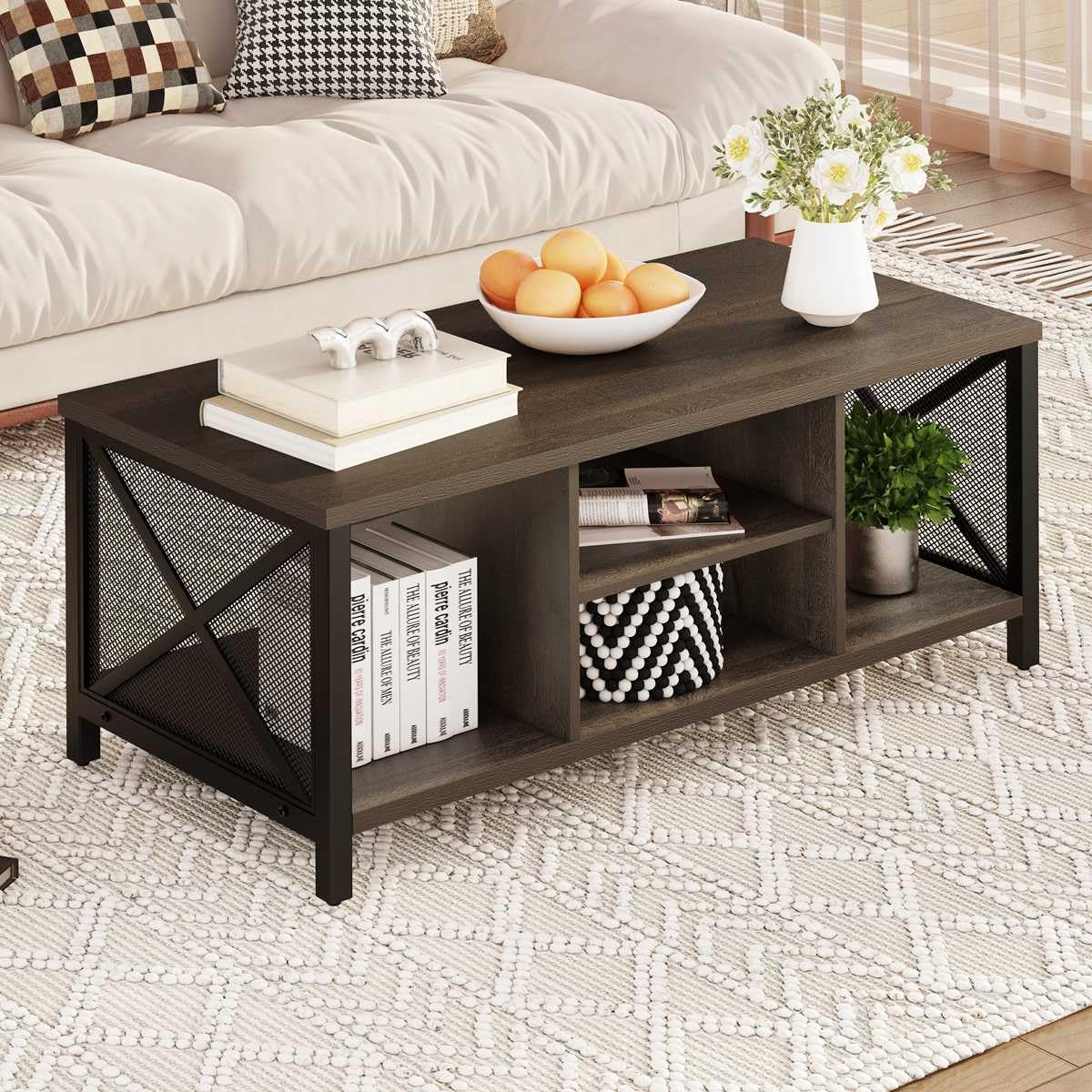 FATORRI Rustic Coffee Table for Living Room, Farmhouse Dark Wood Center Table, Industrial Rectangle Cocktail Tea Tables (Walnut Brown)