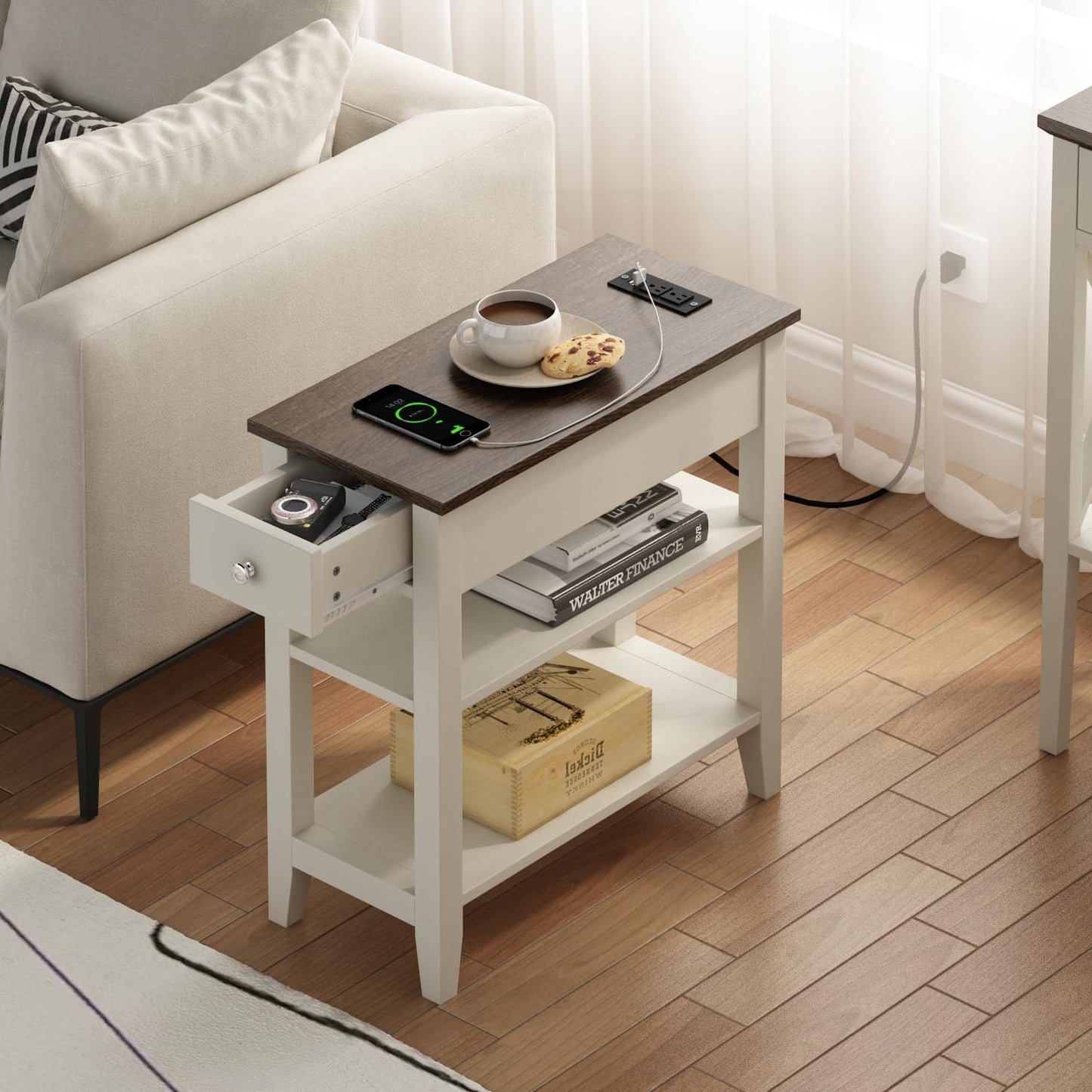 ChooChoo Farmhouse end Table Living Room Set of 2, Sofa Side Table Living Room with Charging Station,Narrow Night Stand with USB Ports & Power Outlets and Hidden Drawer