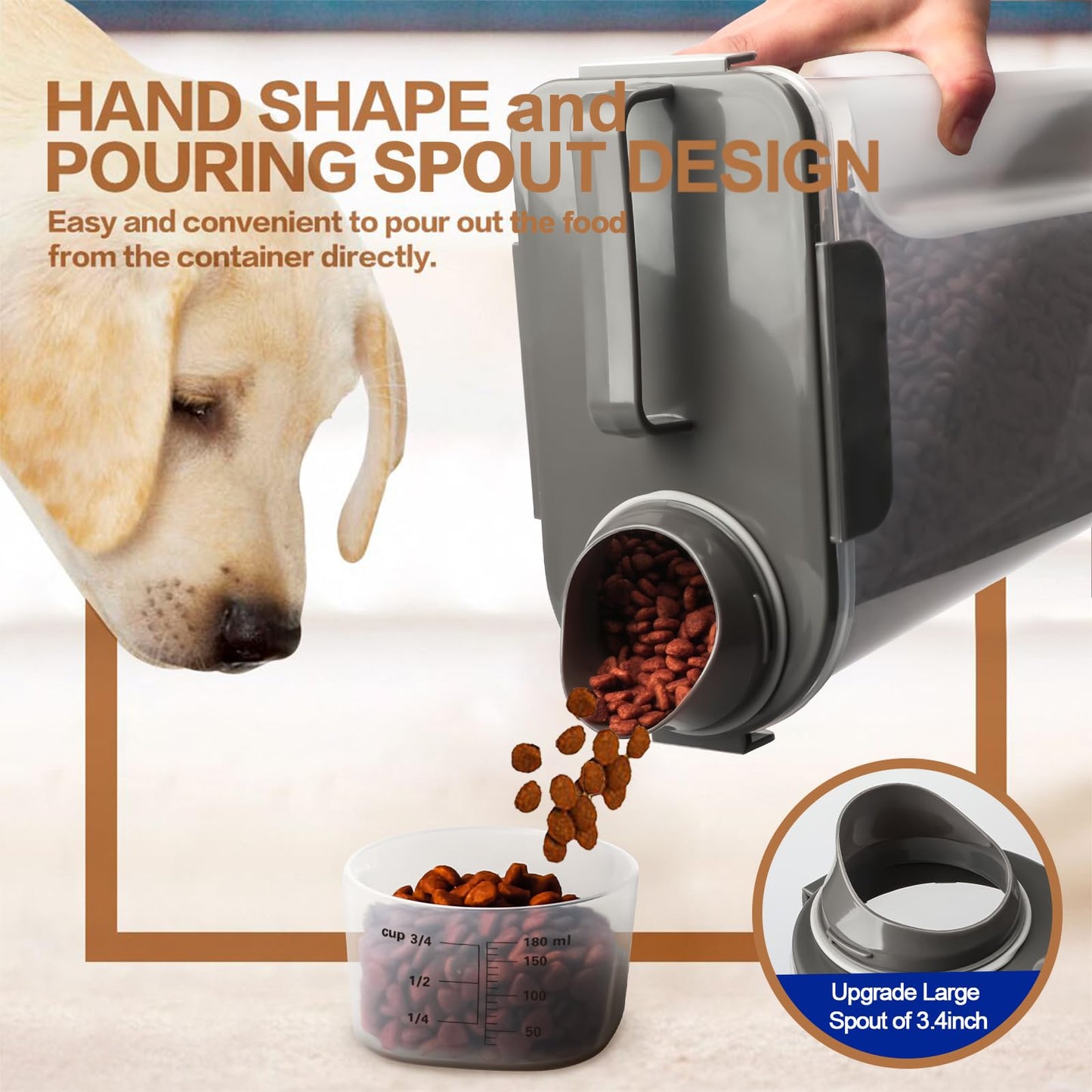 TIOVERY Dog Food Storage Container, 5-7 Lbs Airtight Pet Food Container, Cat Food Container Dispenser Plastic Bin with Pouring Spout, Portable Handle and a Collapsible bowl for Dogs Cats Grey/6Qt