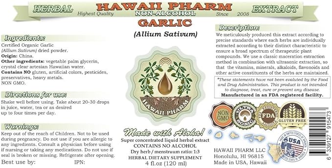 Garlic Alcohol-Free Liquid Extract, Organic Garlic (Allium sativum) Dried Powder Glycerite Hawaii Pharm Natural Herbal Supplement 2x32 oz Unfiltered