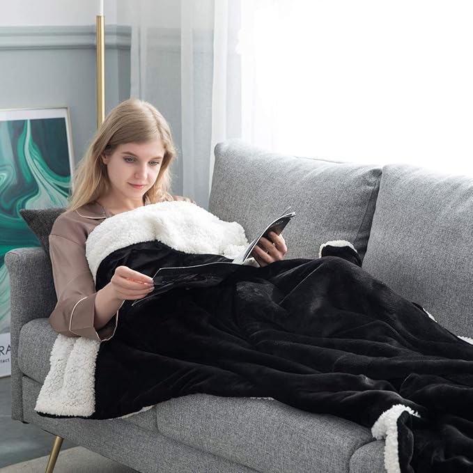IR Imperial Rooms Sherpa Fleece Throw Blanket Twin Size for Couch - Thick and Warm Fluffy Black Blankets for Winter, Soft and Fuzzy Twin Blanket for Bed, 60x80 Inches