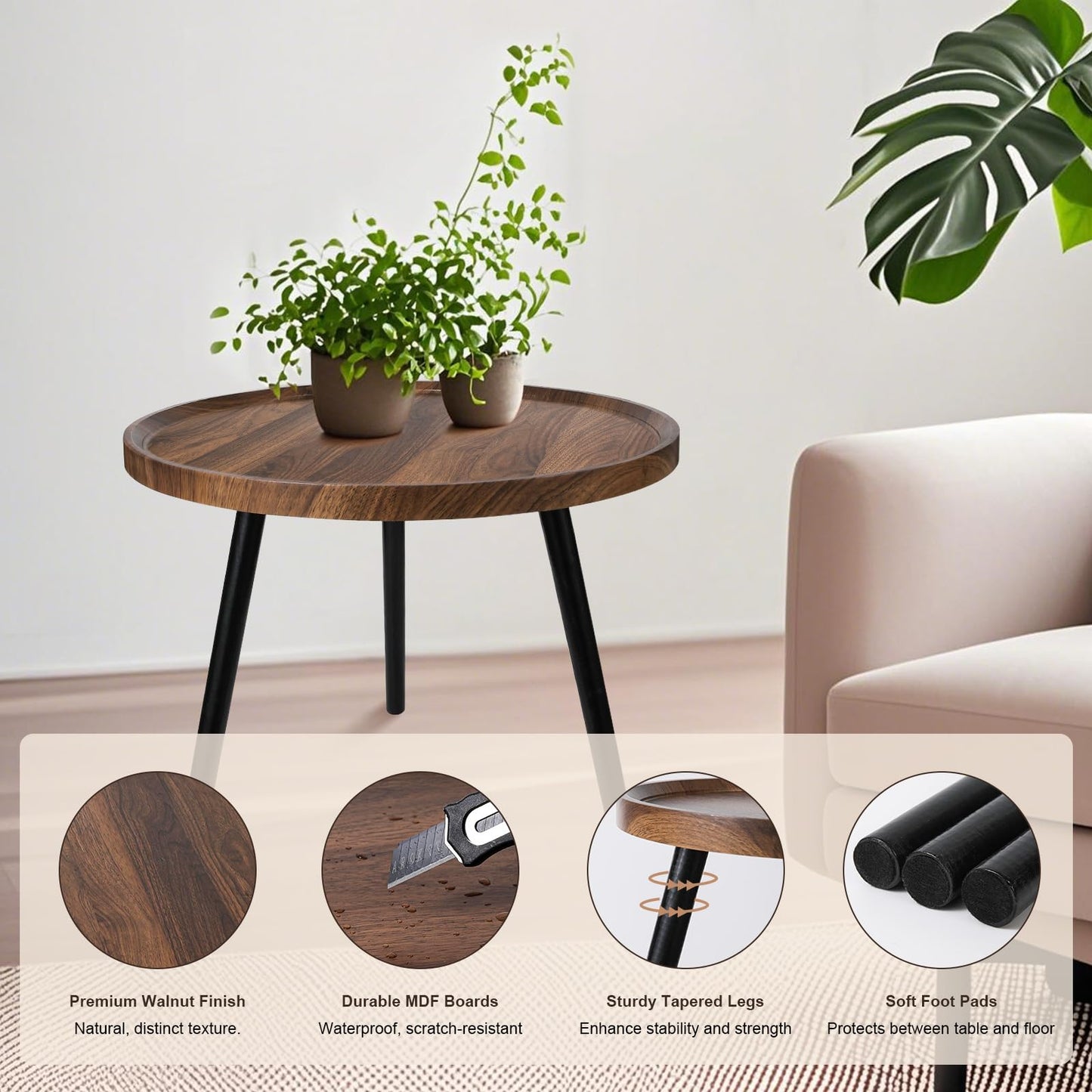 Nesting Coffee Table Set of 2, Modern Round Coffee Tables Nesting Side Table Set, Easy Assembly Nesting Tables for Living Room, Walnut Wood End Tables for Home Office Yard
