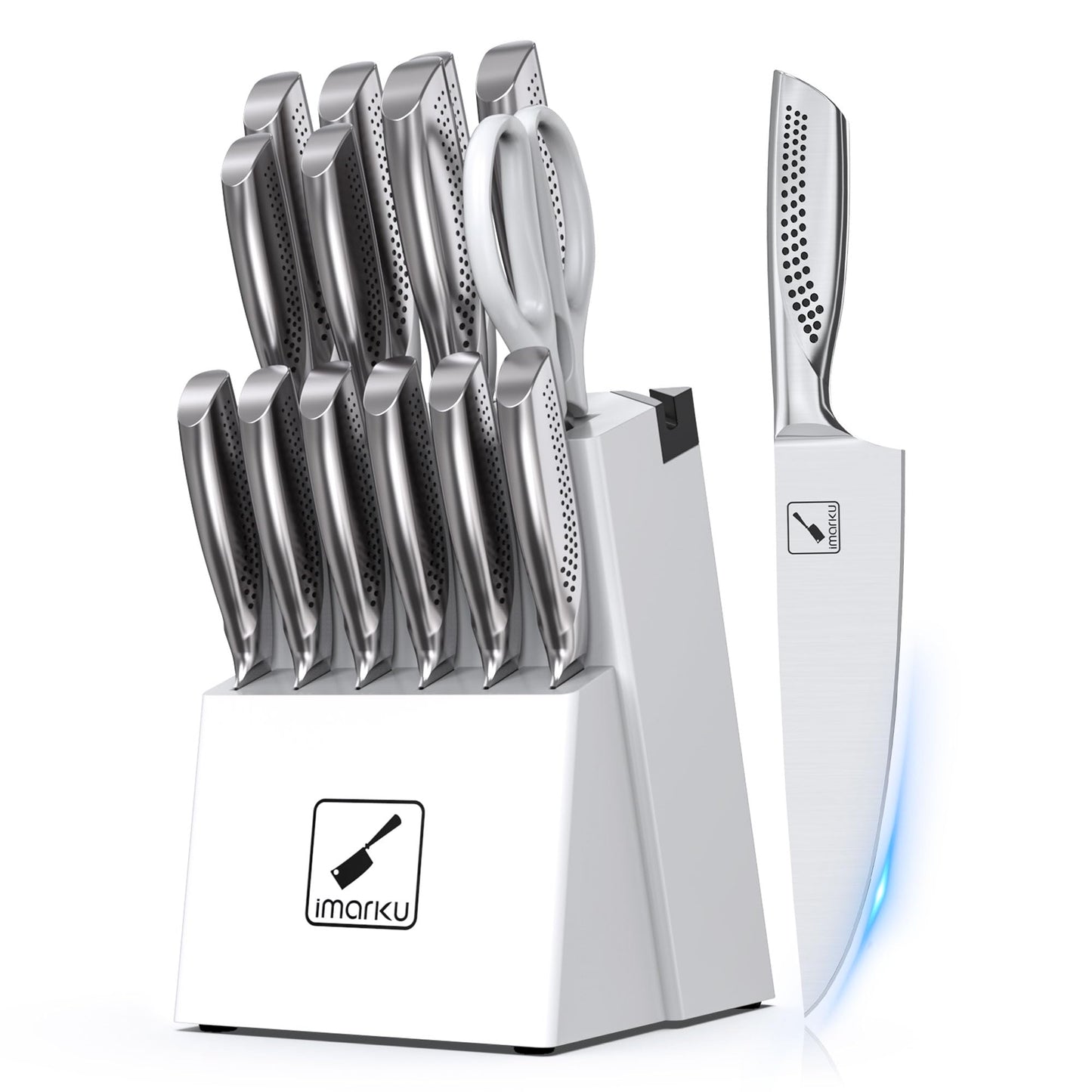 imarku Knife Set, Japanese HC Stainless Steel 15 PCS Kitchen Knife Set With Block With Built-in Sharpener, Razor-Sharp Blade Knife Block Set With Dotted Ergomomic Handle, Best Birthday Gifts, White