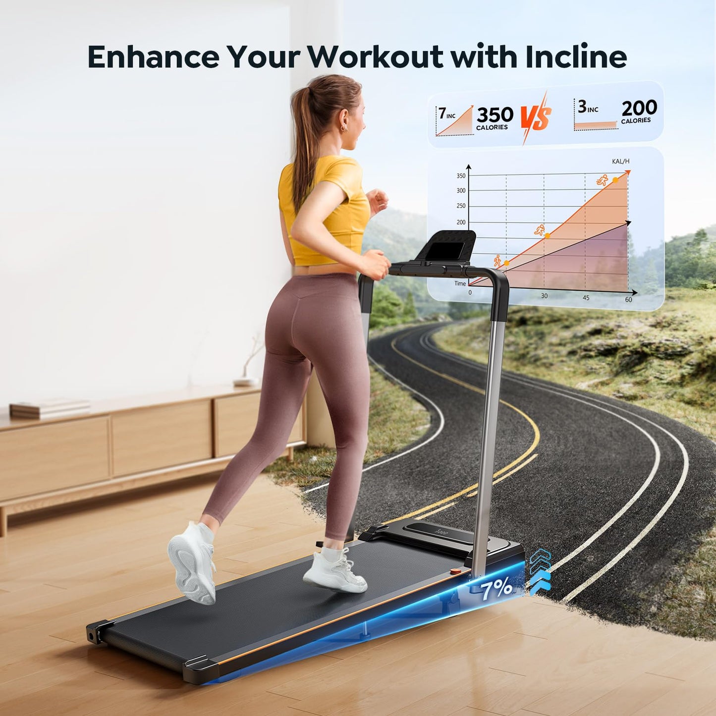 homeTro Foldable Treadmill with 7% Incline, 2.5HP Portable Under Desk Walking Pad with 0.6-7.5MPH, Handle, Remote and App Control, 265lbs Maximum Capacity for Home, Office