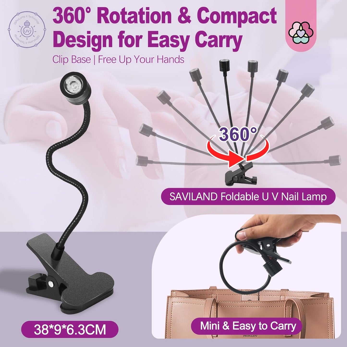 SAVILAND Gooseneck U V Lamp for Gel Nails: 360°Adjustable U V Light for Gel Nails 10S Fast Curing Nail Lamp Hands Free 5W LED Flash Cure Gel Light Gel Nail Portable Salon DIY Nail Tech Manicure