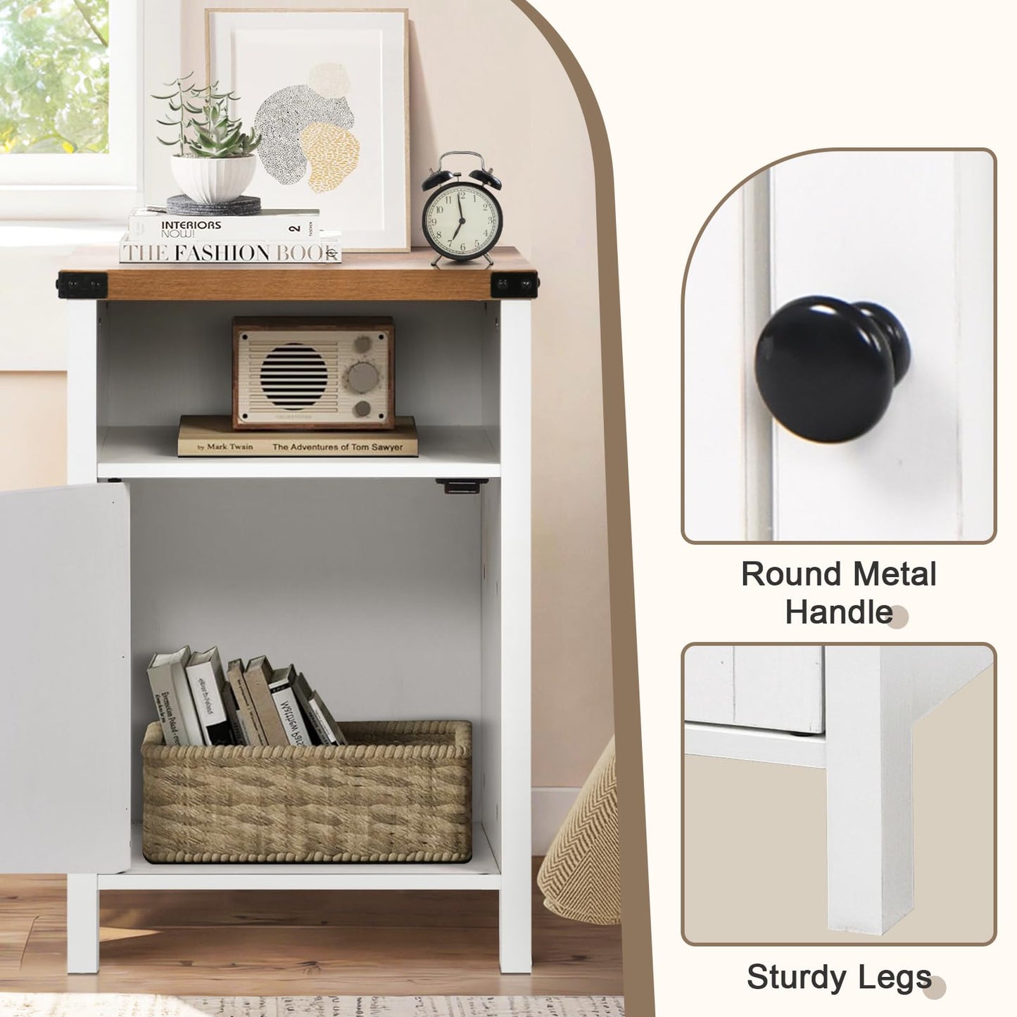 Catrimown Farmhouse End Table, Nightstand Set of 2, Rustic Night Stand with Barn Door and Storage Shelf, White End Table, Side Table for Bedroom Living Room, White
