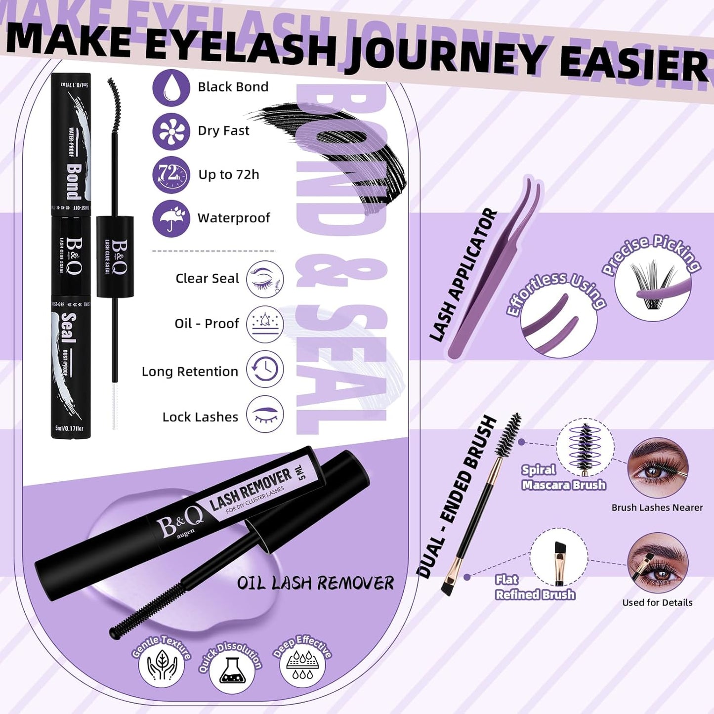 B&Qaugen B&Q Eyelash Extension Kit with Bottom Lash Extension 10-18mm 40D D Curl Lash Clusters Kit with Bottom Lashes DIY Lash Extension Kit Bond and Seal Lash Applicator (Kit-40D-D-MIX10-18)