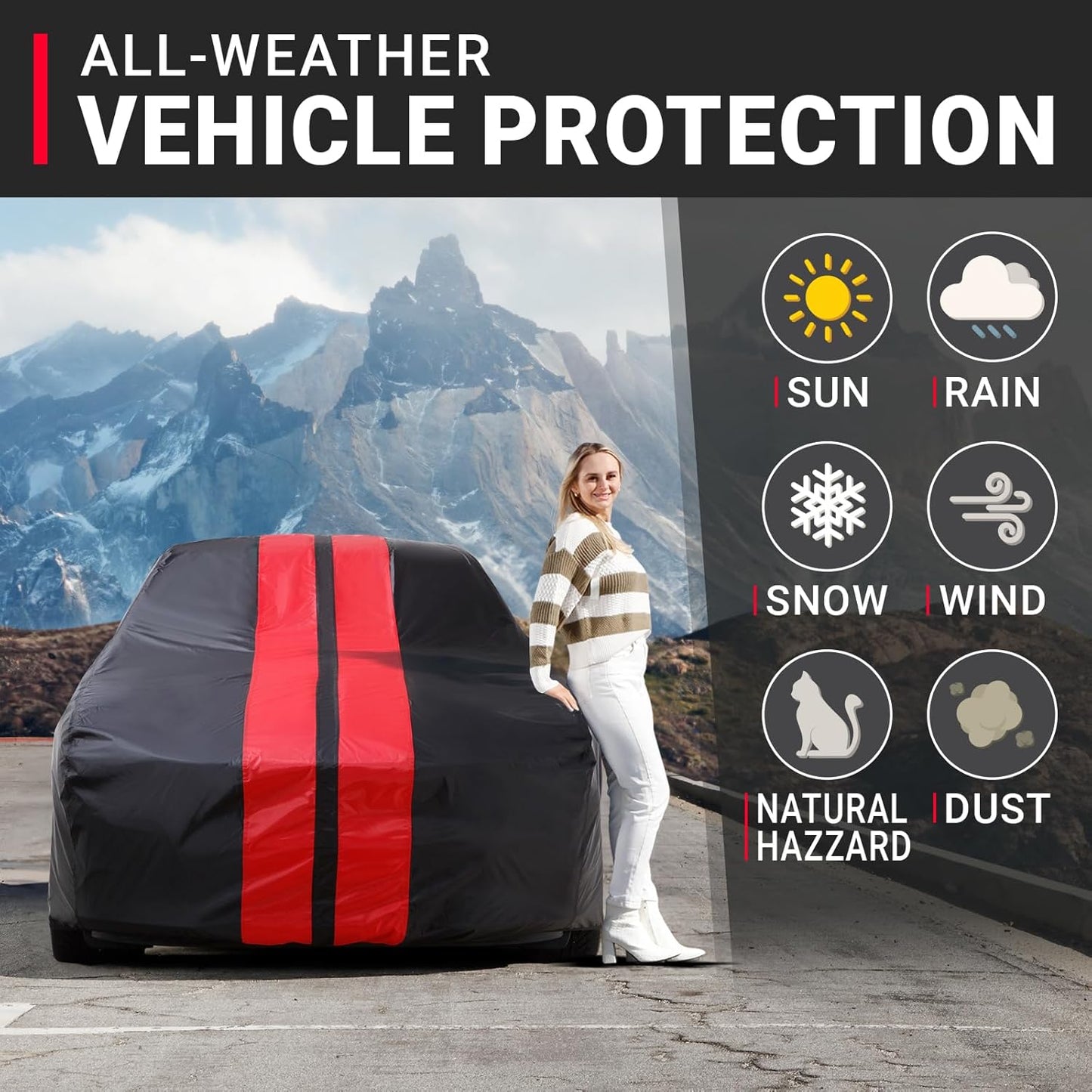 iCarCover Custom Car Cover for Chevy Metro (1998-2000) Waterproof All Weather Rain Snow UV Sun Protector Full Exterior Indoor Outdoor Car Cover (Stripe - Black/Red)