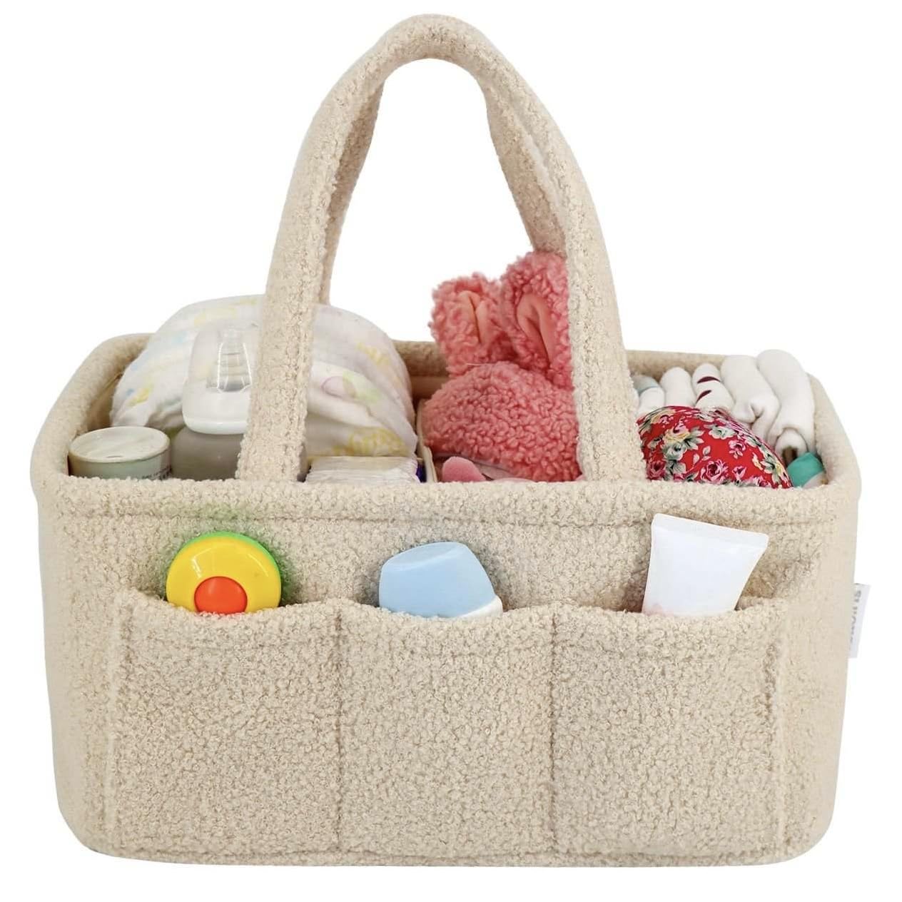 YelloIris Baby Diaper Caddy Organizer – Soft Beige Sherpa with 3 Removable Compartments & 6 Side Pockets – Perfect Nursery Storage Bin & Car Organizer for Diapers, Baby Wipes, and Essential Supplies.