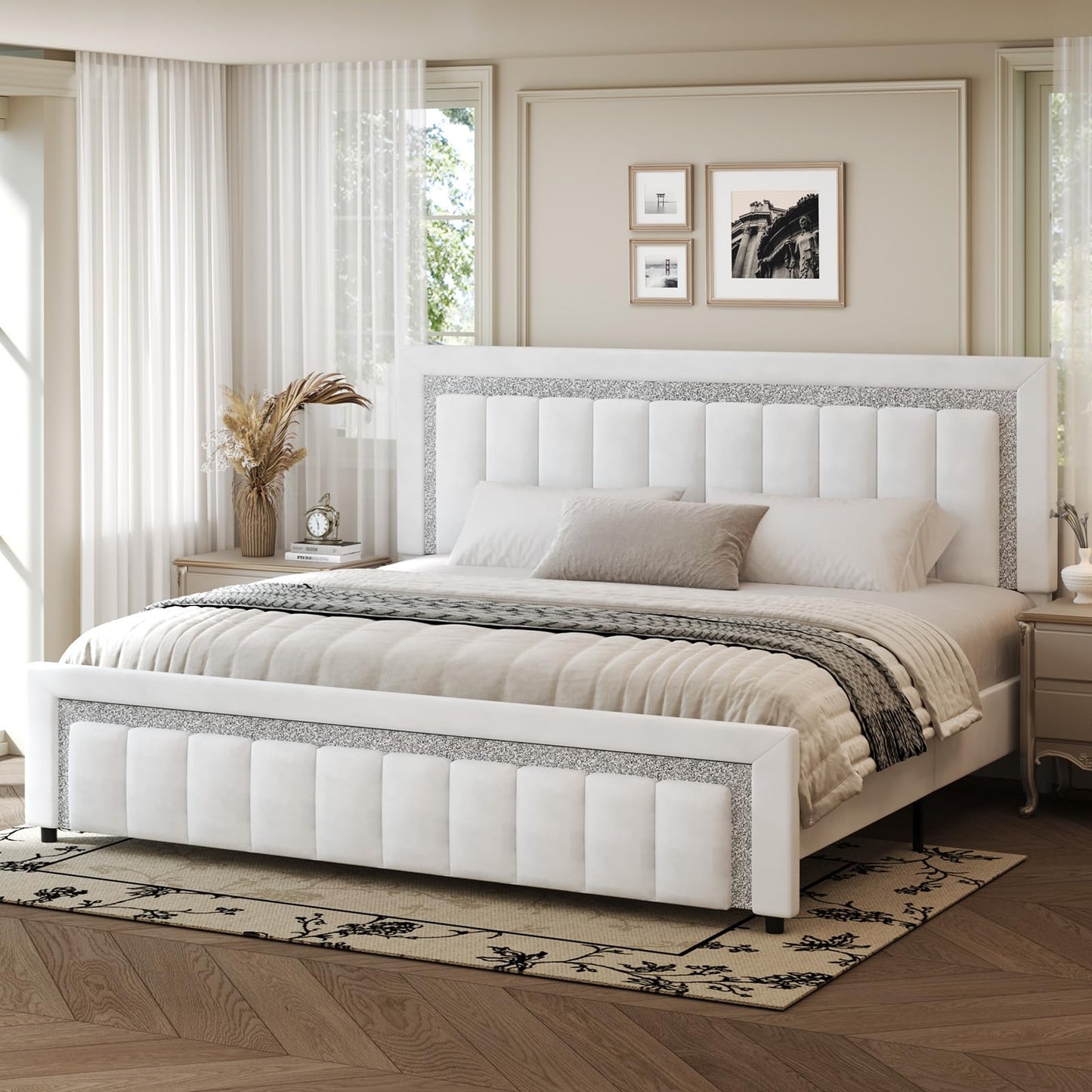 HOMBCK King Size Bed Frame with Diamond Velvet Headboard, Upholstered Bed Frame King with Wooden Slats Support, No Box Spring Needed, Noise Free, Easy Assembly, White