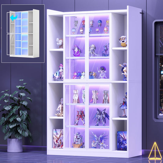 SEDETA Display Cabinet with Glass Doors, 6 Tier Curio Cabinet with LED Lights, Tall Bookcase with Adjustable Shelves, 64" Display Cases for Collectibles, Bedroom, Living Room, Office, White