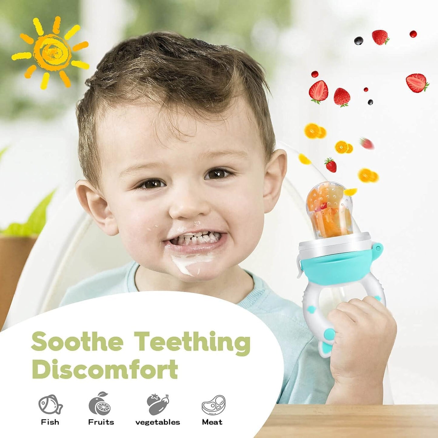 Baby Fruit Food Feeder Pacifier - Fresh Teething Pacifiers, Infant Fruit Teething Teether Toy for 3-24 Months, 6 Pcs Silicone Pouches for Toddlers & Kids & Babies, Piggy Handle 2-Pack (Blue & Gray)