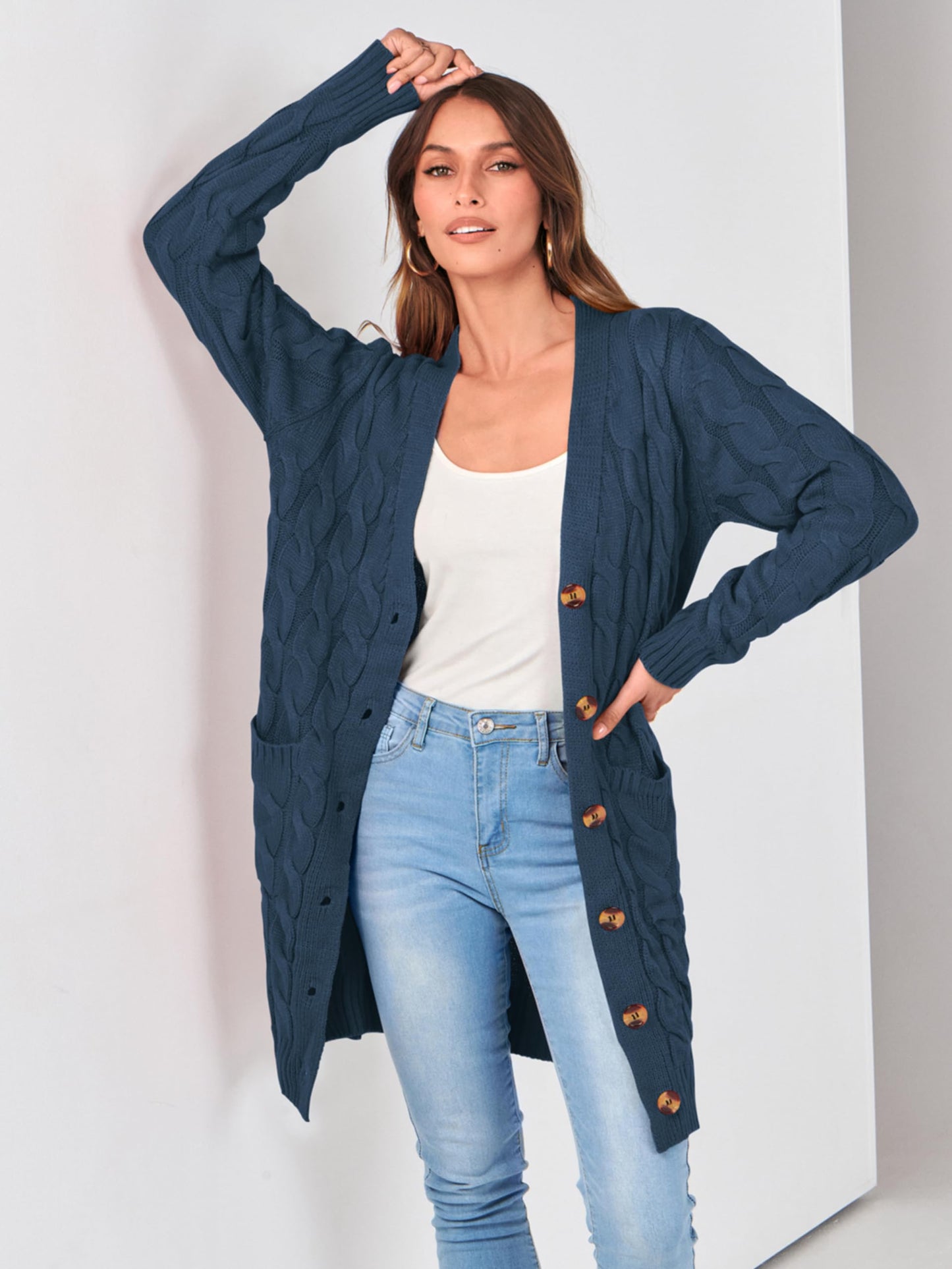 PRETTYGARDEN Long Sleeve Cable Knit Long Cardigan for Women 2025 Fall Winter Chunky Open Front Button Sweaters with Pockets (Blue, Small)