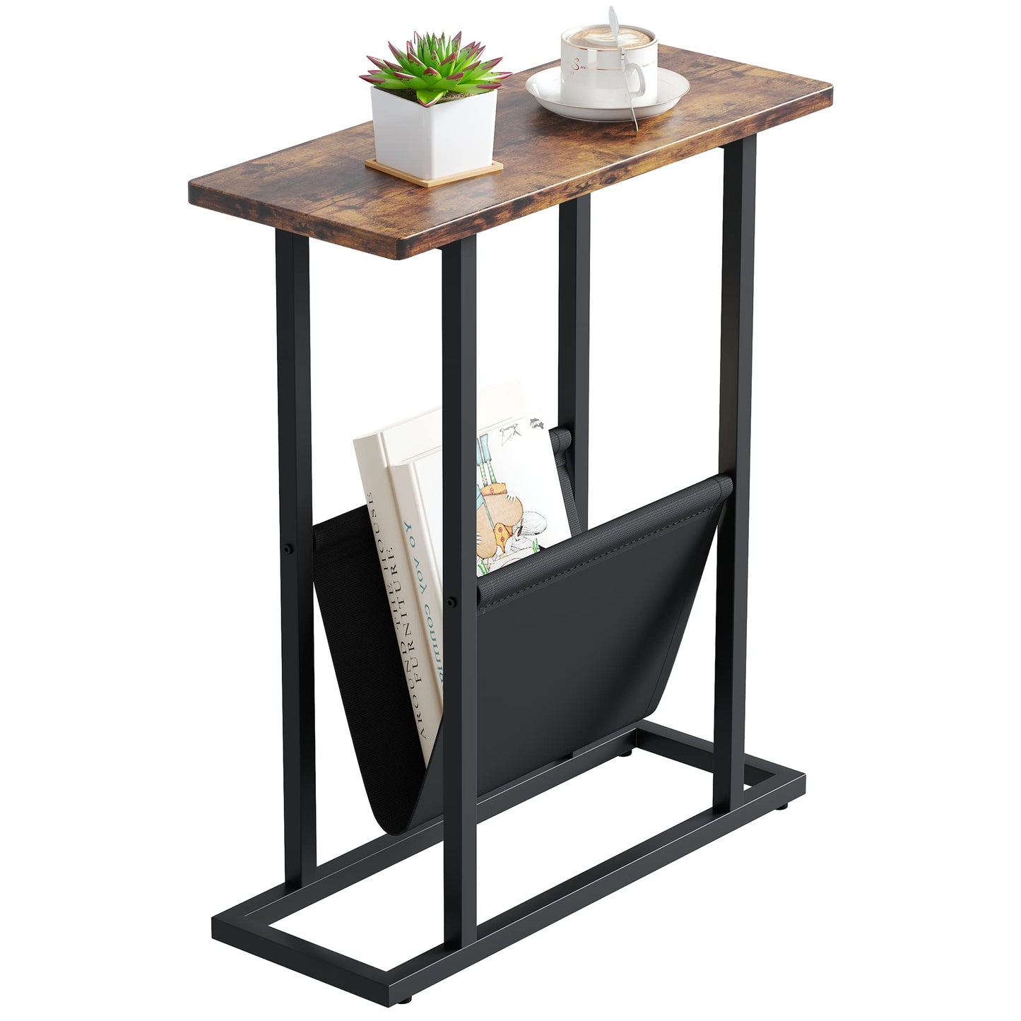 Yusong Small Narrow Side Table for Small Spaces, 17.7" W Slim End Table Magazine Table Nightstand with Storage Holder, Accent Skinny Snack Couch Bedside Table, Rustic Brown, Complete Iron Pipes