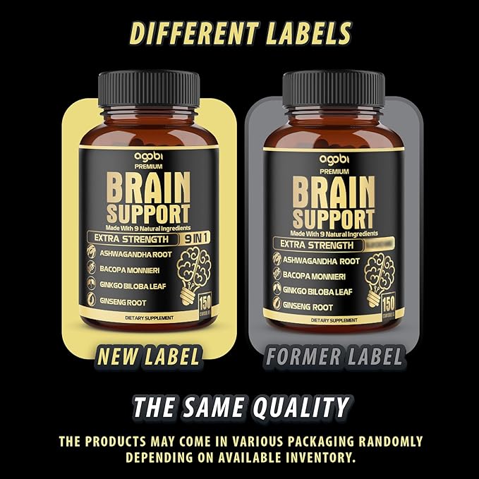 agobi 9in1 Brain Support Supplement - Blended with Ashwagandha, Panax Ginseng, Gotu Kola, Ginkgo Biloba, Black Pepper & More - Accuracy, Focus, Memory & Energy Booster - 150 Capsules for 5 Months