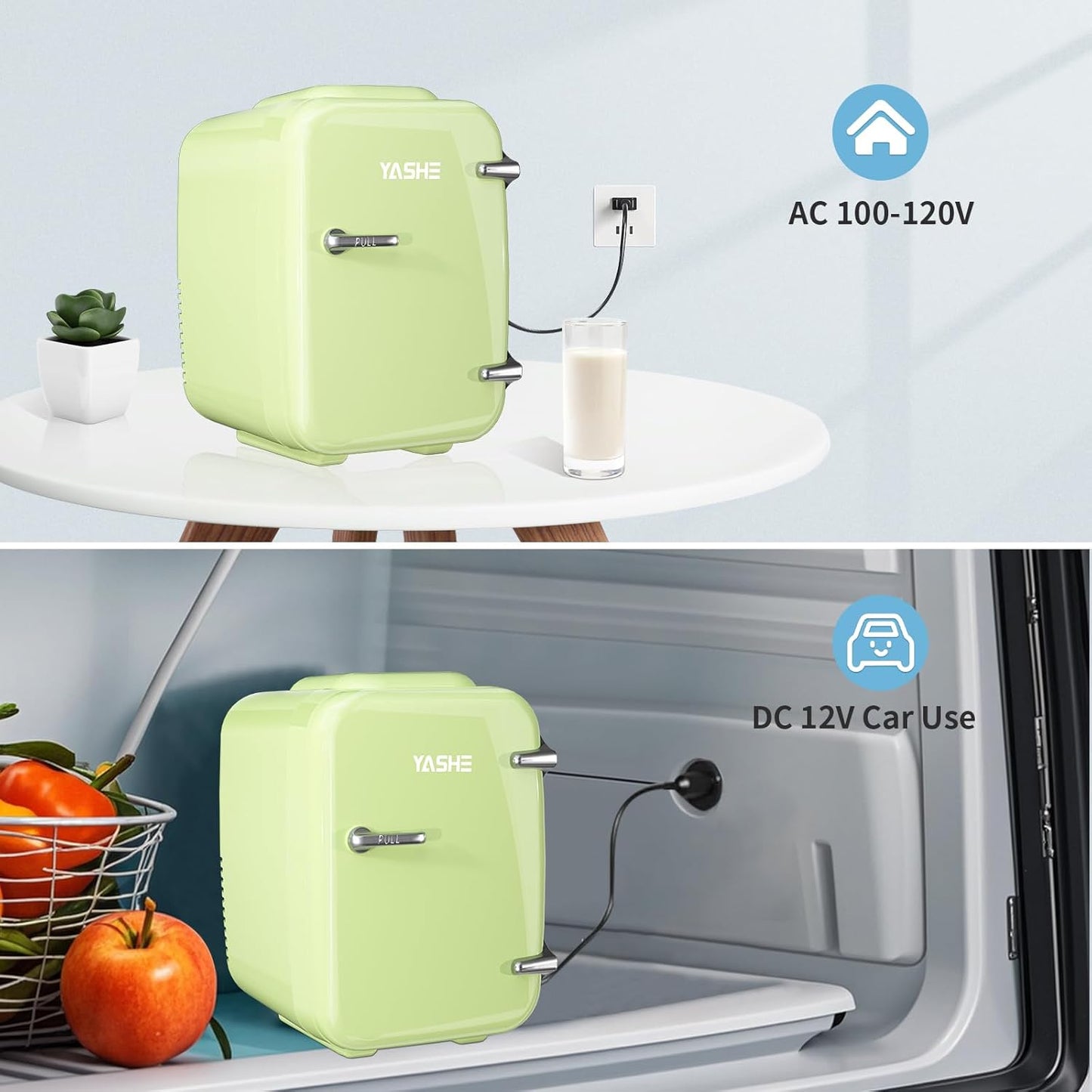 YASHE Mini Fridge for Bedroom, 4 Liter/6 Cans Small Refrigerator, 110V AC/ 12V DC Thermoelectric Cooler and Warmer for Drink Office Dorm Car, Green