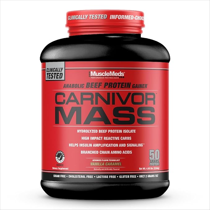 MuscleMeds CARNIVOR Mass Gainer Beef Protein Isolate Shake, 50 Grams Protein, 125 Grams Carbs, 0 Fat, 0 Sugar, Lactose Free, Vanilla Caramel, 5 Pound