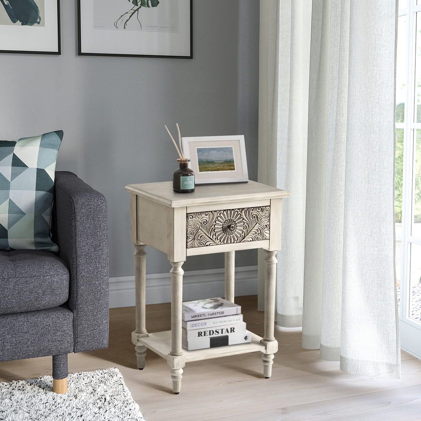COSIEST Vintage Nightstand, MDF 2-Tier Bedside Table, Wood Accent End Table with Storage Drawer and Open Display Shelf for Bedroom Living Room