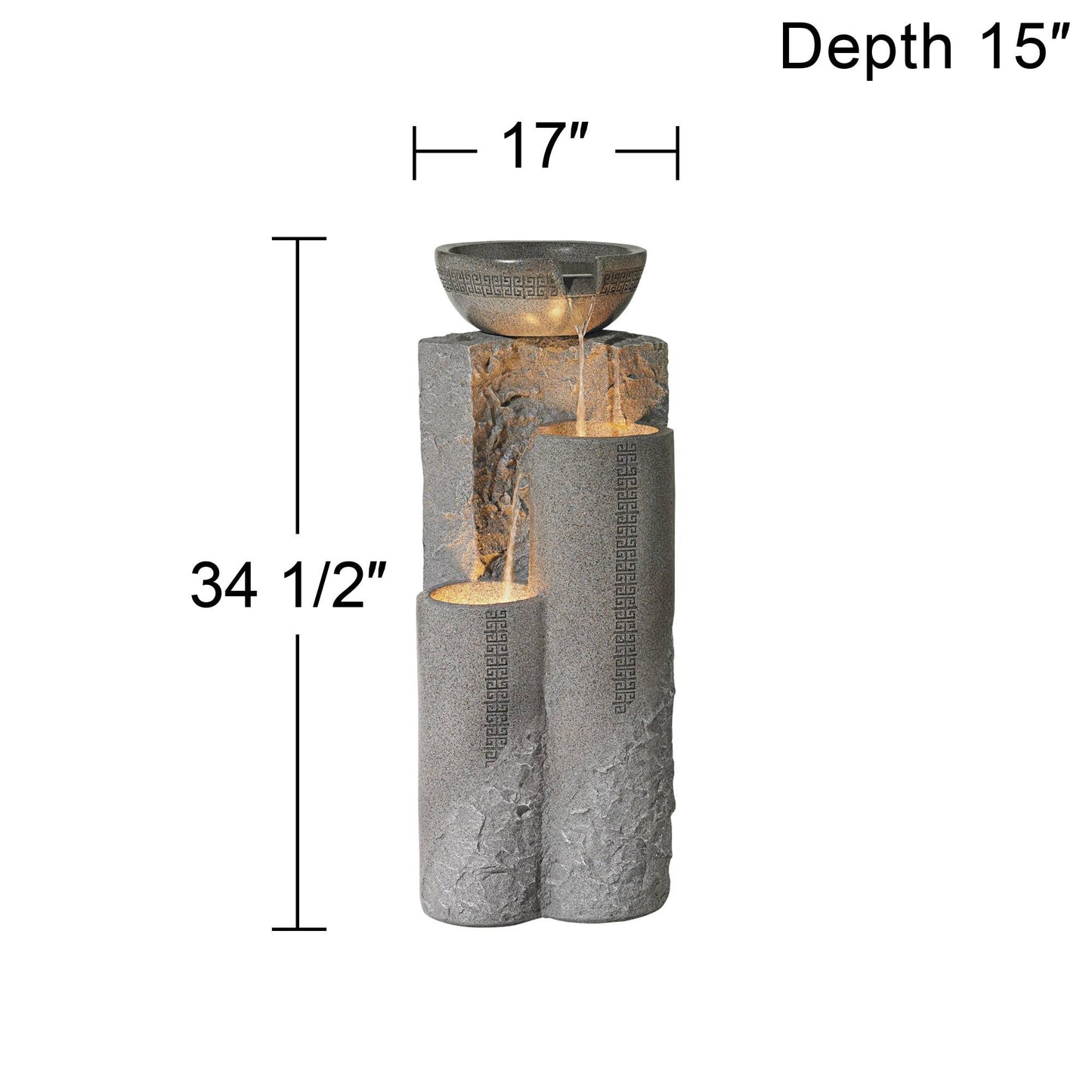 Bowl and Pillar 34 1/2" High Large Modern Zen Outdoor Decor Faux Stone Floor Fountain with Light LED Standing Waterfall Tiered Water Feature for Outside Garden Patio Yard Backyard - John Timberland
