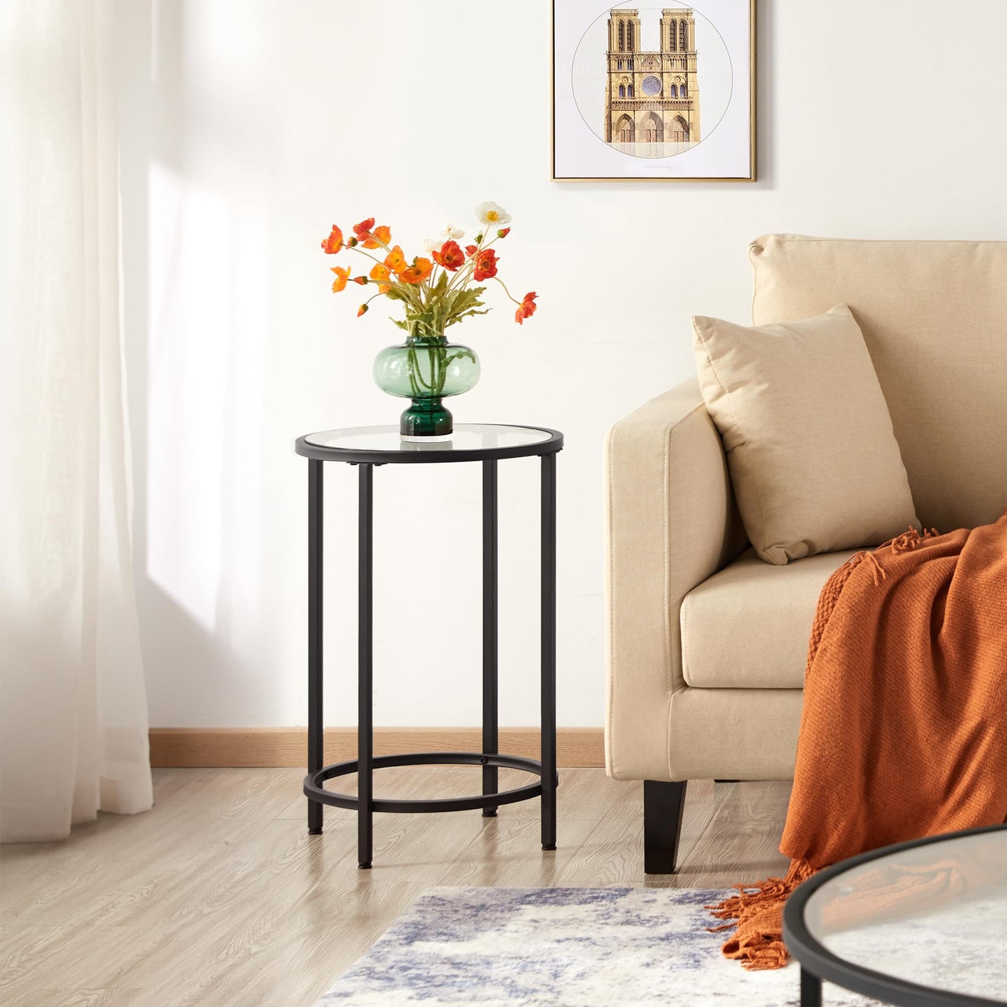 Yaheetech Black Glass End Table Set of 2, Round Side Table Modern Style Tall End Table Accent Table with Glass Top & Metal Frame, 2pcs Glass Side Table for Living Room, Balcony, Bedroom