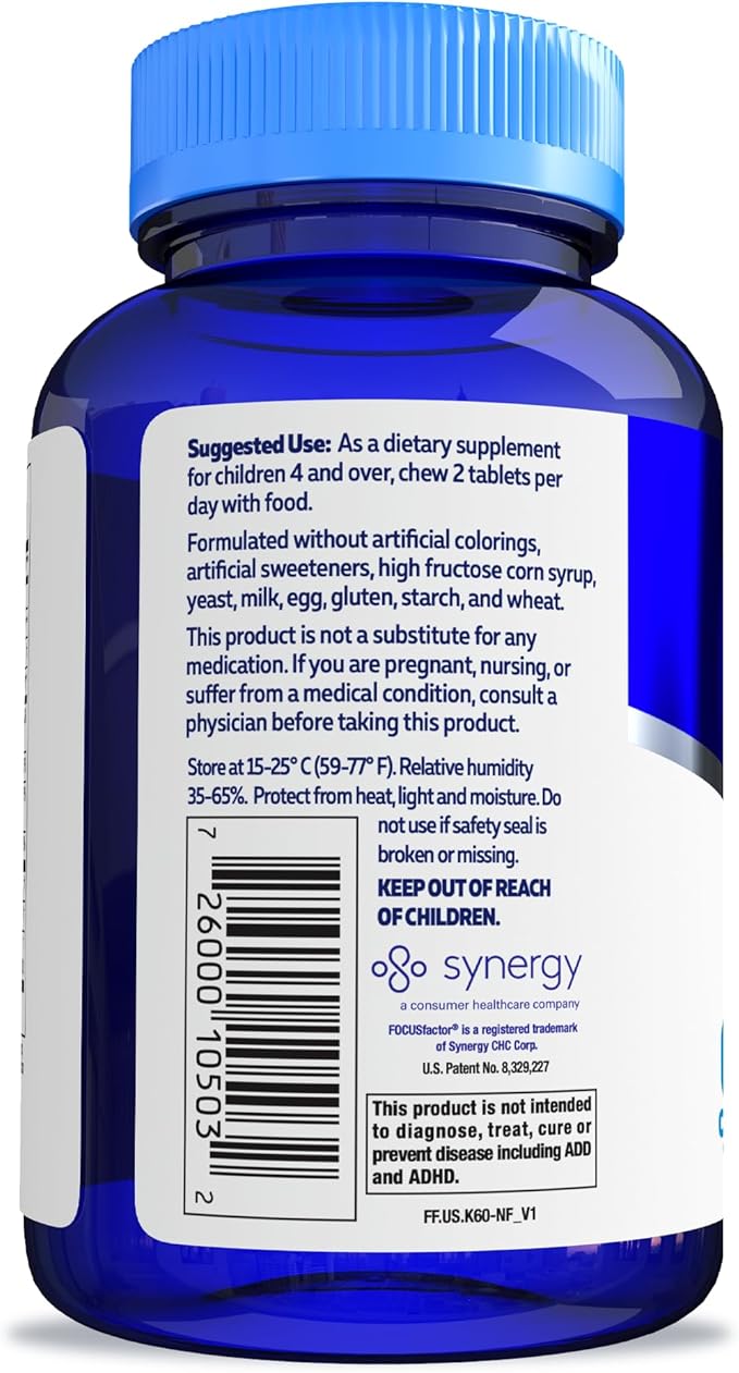 Focus Factor Kids Complete Daily Chewable Vitamins: Multivitamin & Neuro Nutrient, Brain Function, w/Vitamin B12, C, D3, 60 Count (2 Pack)