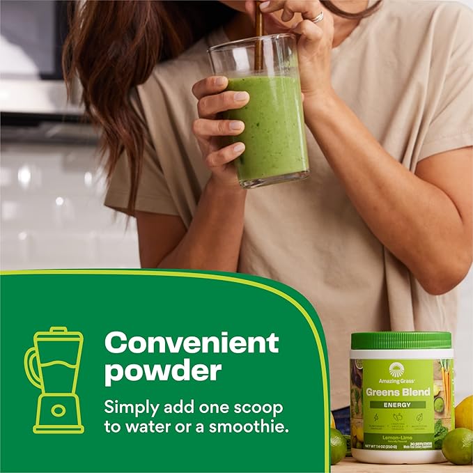 Amazing Grass Greens Blend Energy: Smoothie Mix, Super Greens Powder & Plant Based Caffeine with Matcha Green Tea & Beet Root Powder, Lemon Lime, 30 Servings (Packaging May Vary)