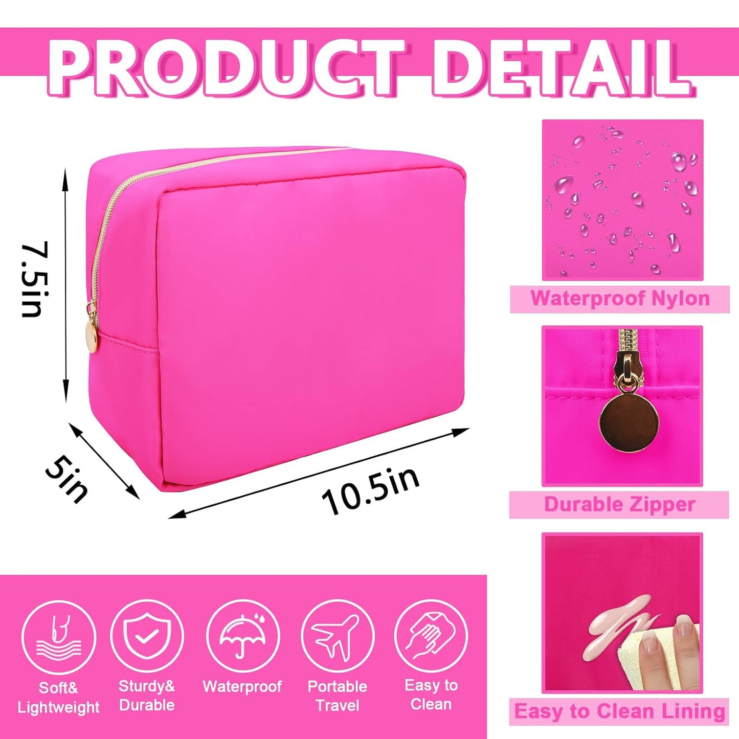 Large Makeup Bag Pouch,Nylon Women Travel Toiletry Storage Bag Preppy Cosmetic Bag for Girls,Big Makeup Organizer Bag Cute Zipper Pouch Skincare Bag for Sport Work Gift(Large-Bubblegum)
