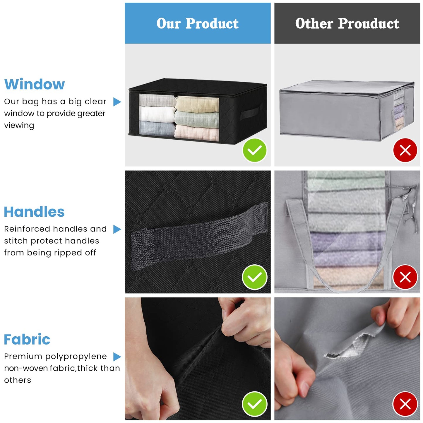 HomeHacks 6-Pack Clothes Organizer Storage Bags Foldable Storage Box with Large Clear Window Sturdy Handles for Closet, Dorm, Pillows, Bedding, Clothes, Stuffed Toys, Blankets, 35L, Black