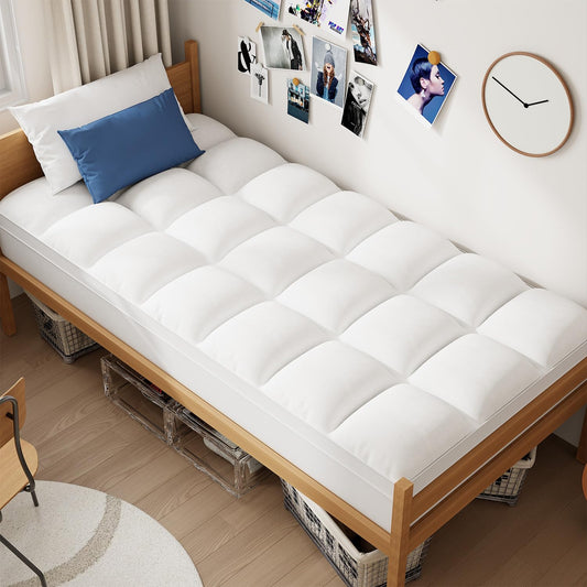 ELEMUSE Twin XL Mattress Topper for College Dorm, Thick Extra Long Twin Mattress Pad Cover for Back Pain, Plush Soft Pillowtop with Elastic Deep Pocket, Overfilled Down Alternative Filling
