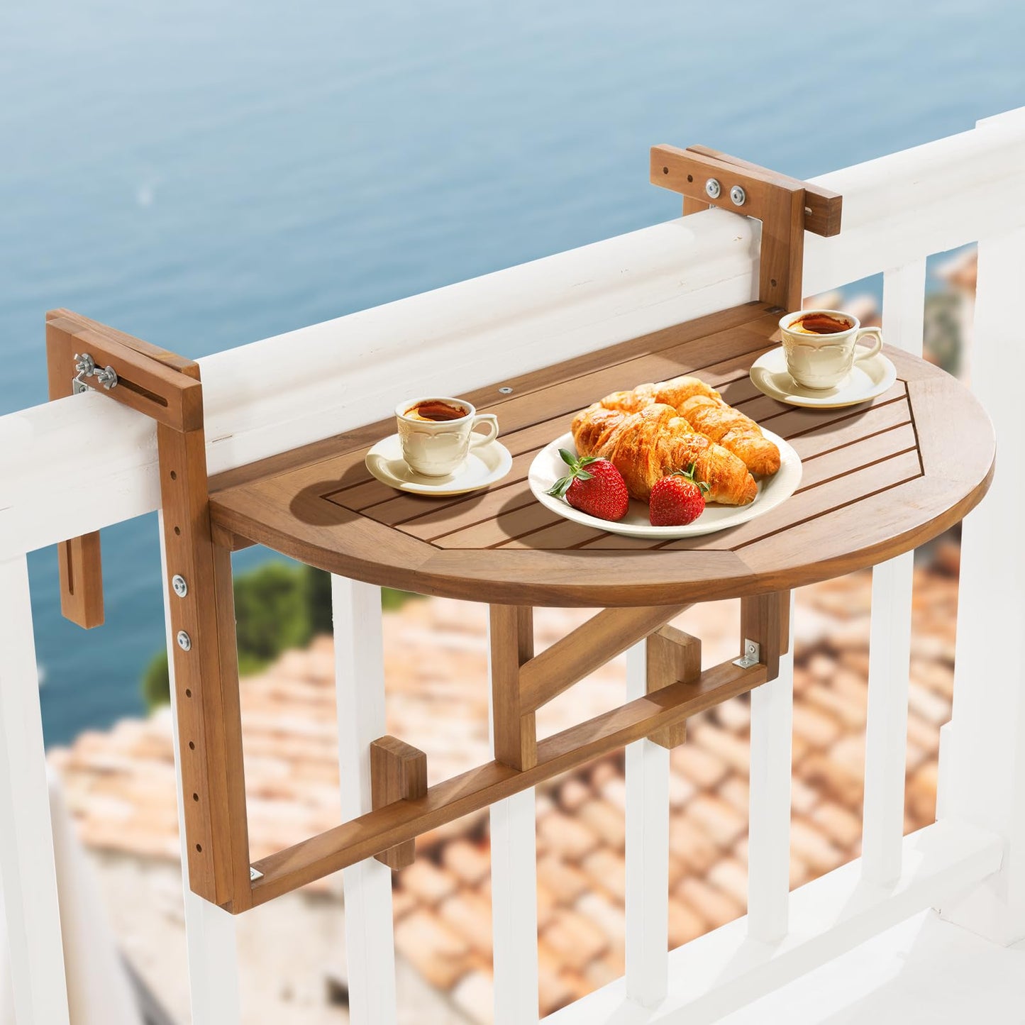 IDZO FSC Acacia Wood Folding Balcony Bar Table for Railings, Adjustable Height & Width, Teak Brush Finish Durable Against Weather, Ideal Spacious Dimension of 27 9/16 x 21 5/8 Inch, Half-Round Design