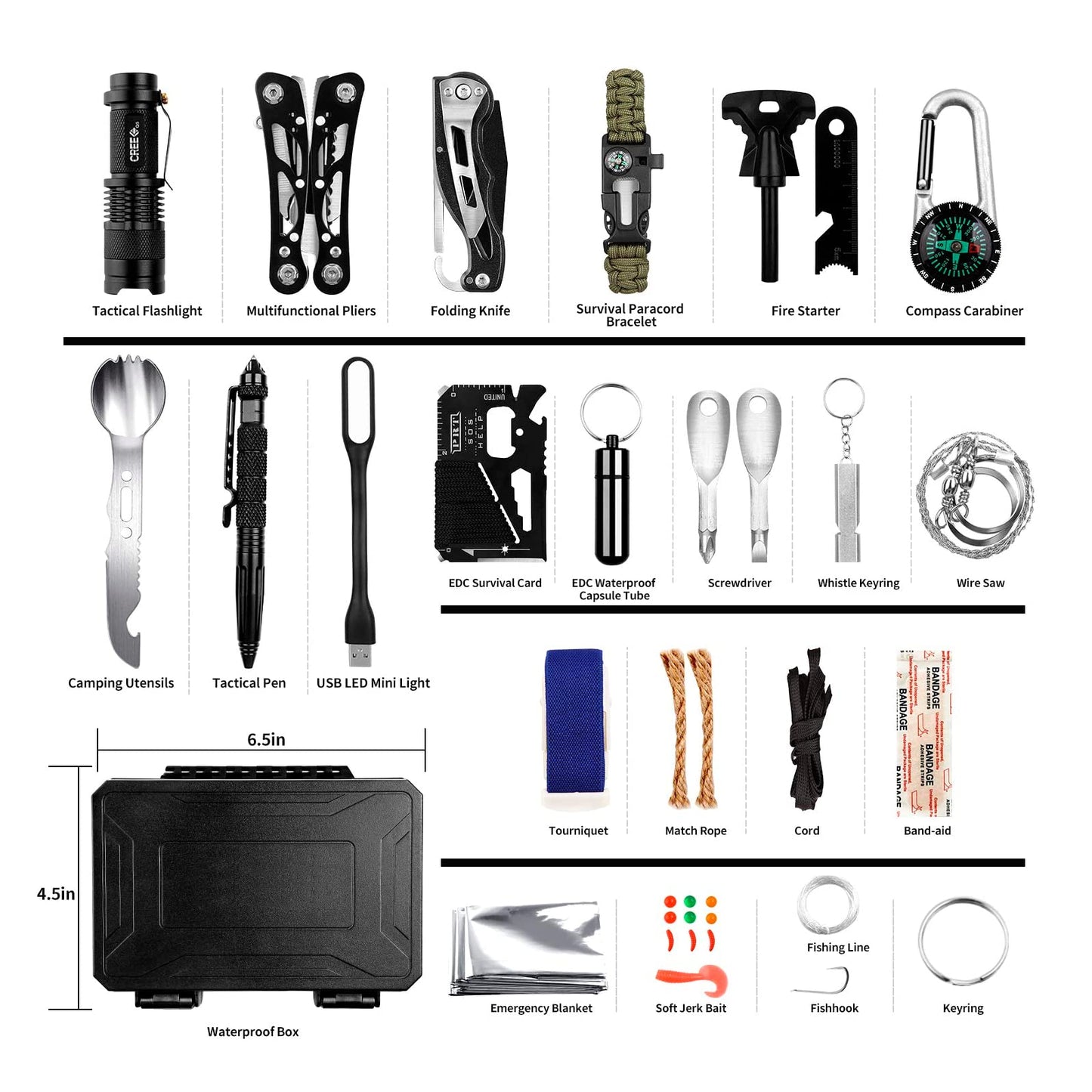 Emergency Survival Gear Kits 60 in 1, Outdoor Survival Tool with Emergency Bracelet Whistle Flashlight Pliers Pen Wire Saw for Camping, Hiking, Climbing,Car