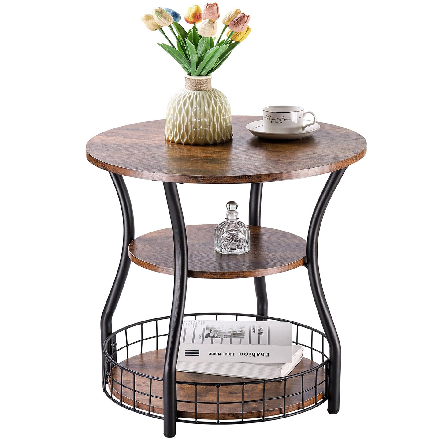 Anlanbor Side Table, 3 Tier Small Round End Table with Storage Shelves for Living Room, Bedroom, Accent Coffee Sofa Couch Table for Small Spaces,Round Nightstand with Metal Frame, Rustic Brown
