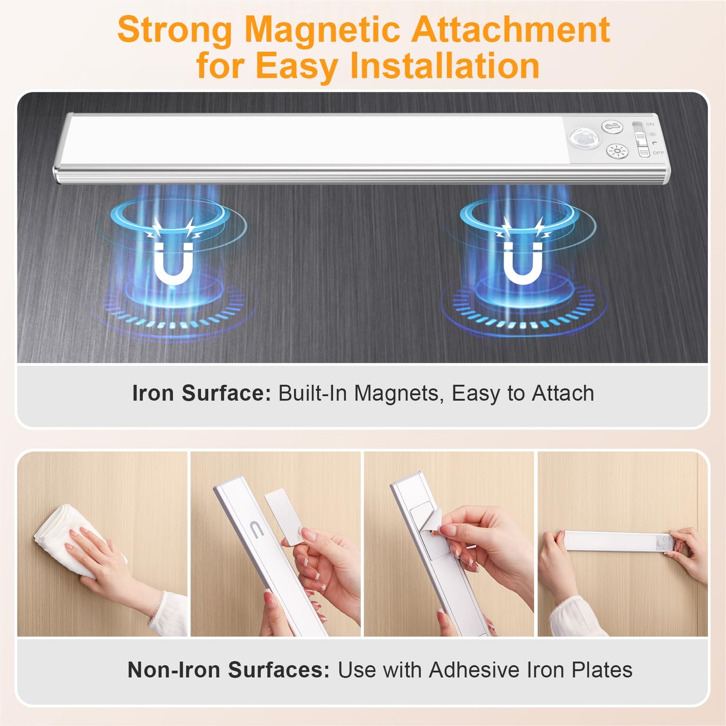 Gritin 10.2inch Under Cabinet Lighting Rechargeable -84 LED Super Bright,3-Color& 5 Level Brightness,4 Modes,Motion Sensor, Long Lasting- Easy Installation Magnetic Under Cabinet Closet Lights -2 Pack