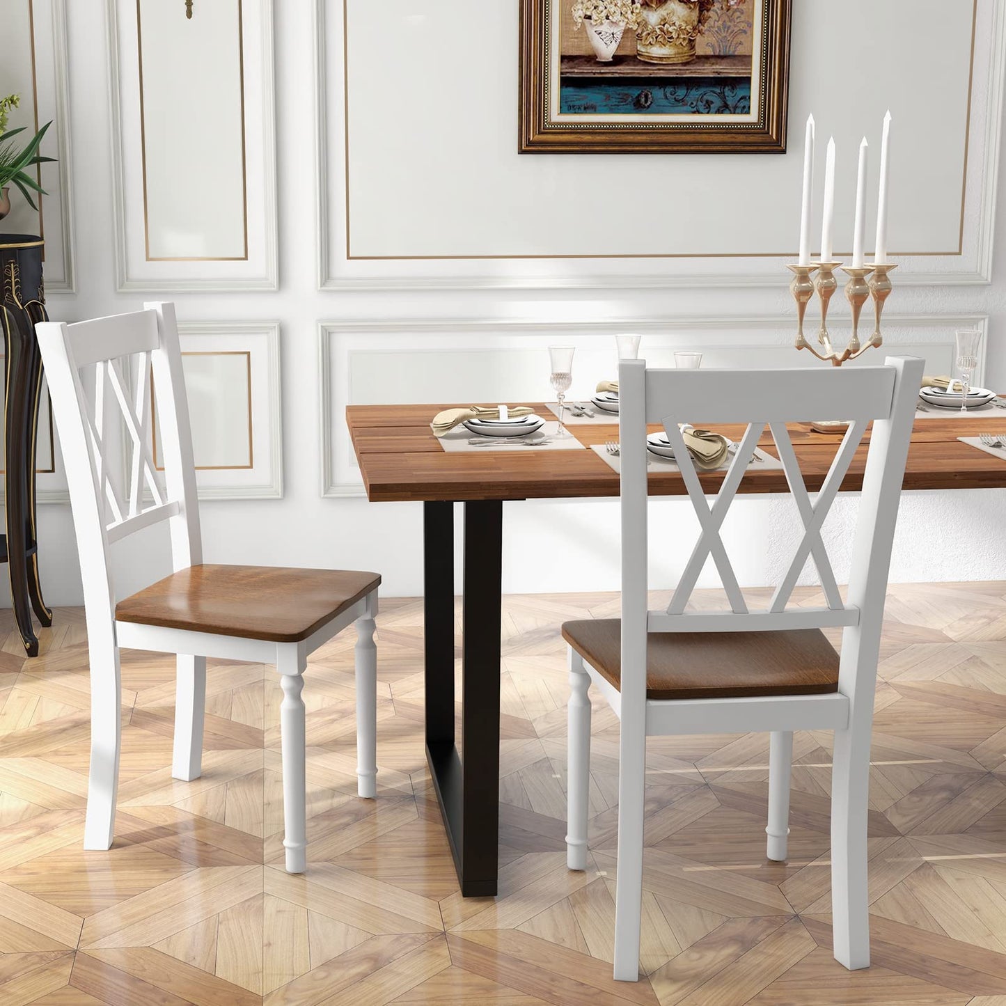 Giantex Dining Room Chairs Set of 2 White, Wooden Farmhouse Kitchen Chairs with Rubber Wood Seat, Acacia Wood Legs, Max Load 360 Lbs, Heavy Duty Wood Armless Dining Chairs with High Back