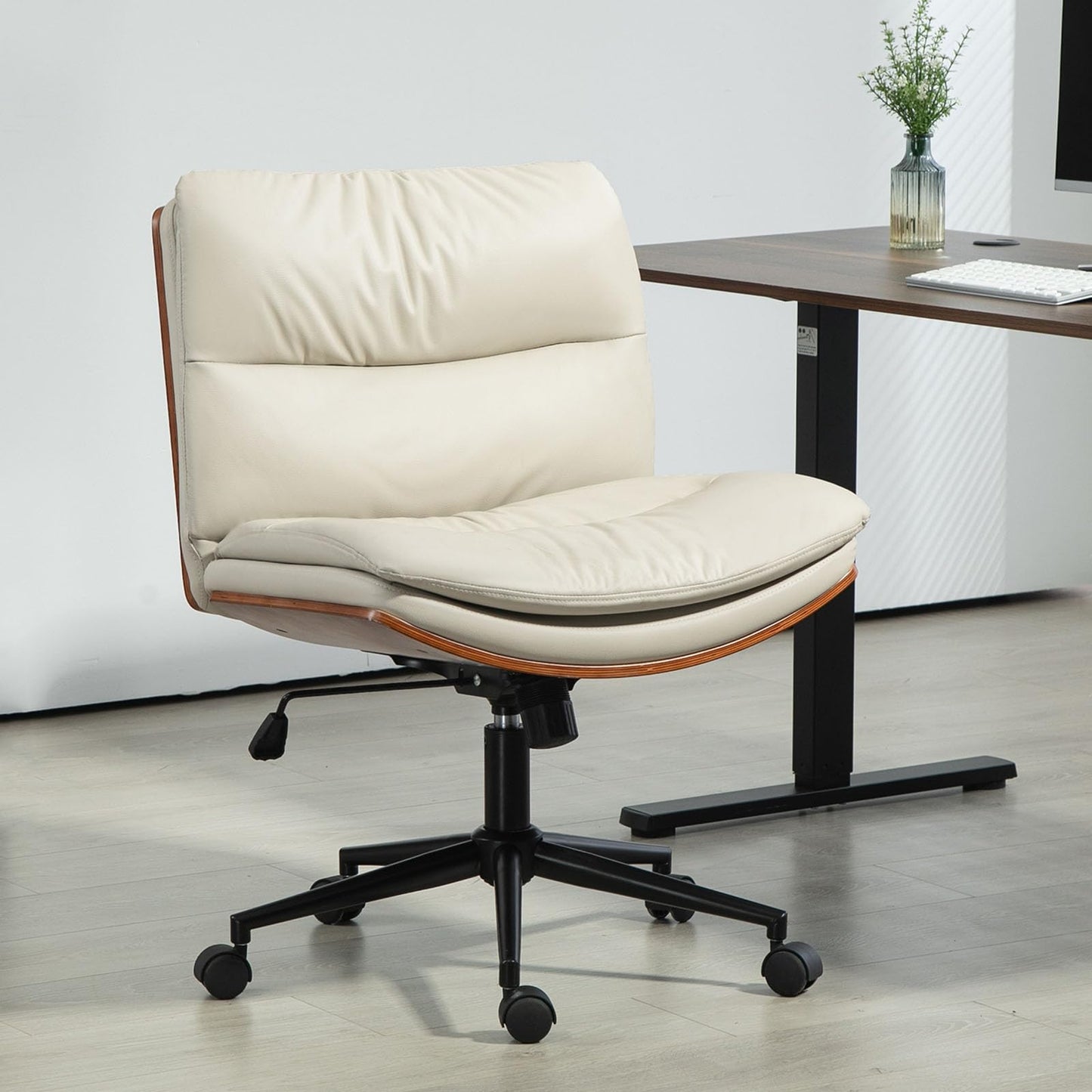LONWIK Armless Modern Walnut Office Desk Chair with Wheels, PU Leather Adjustable Wide Swivel Task Chair, Ergonomic Cross Legged Computer Chair for Conference Room, Home Office (Beige)
