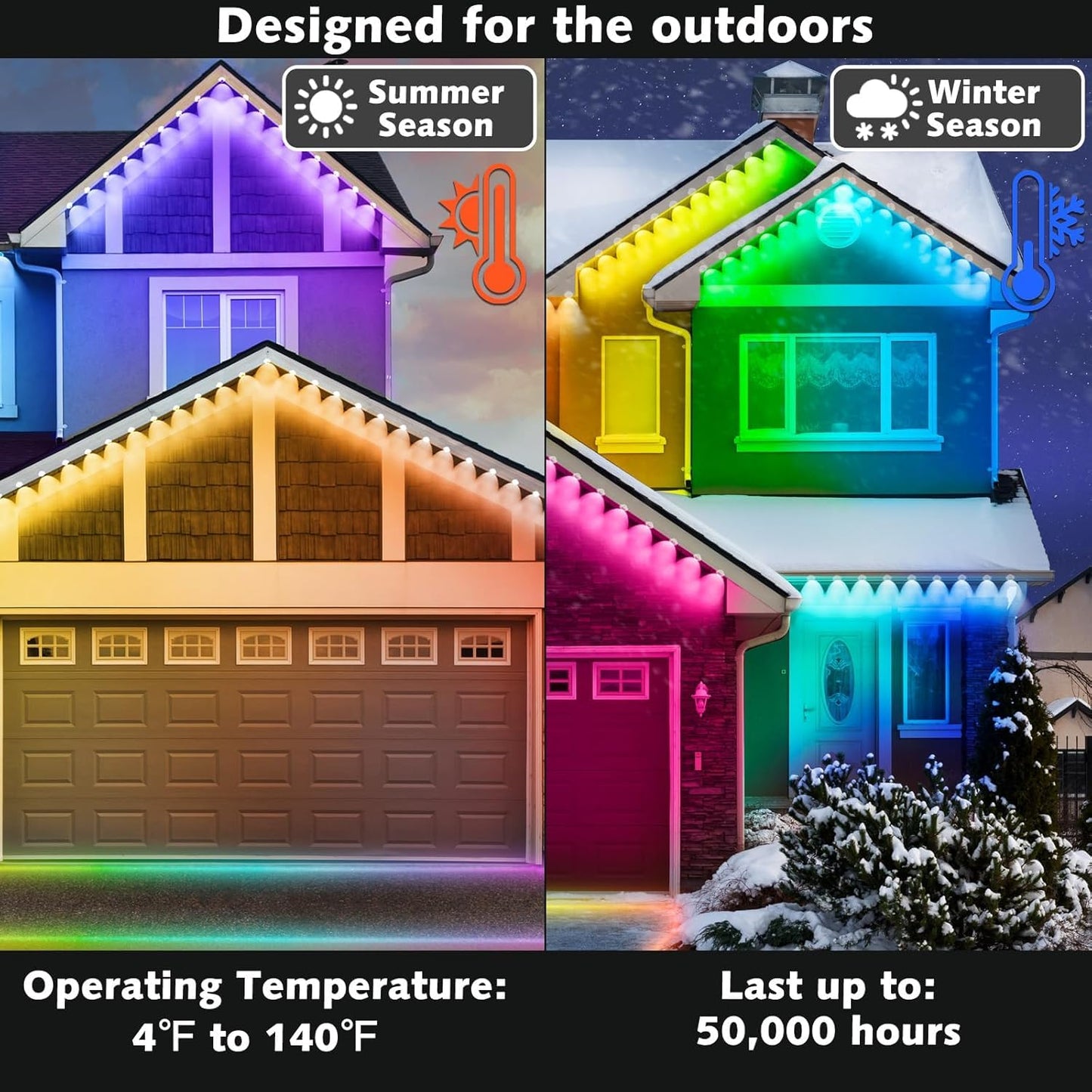 200FT Permanent Outdoor RGB Lights,Waterproof Smart LED Eaves Lights with App/Remote Control,for Christmas and All Holiday Decor,Daily and Accent Lighting,House Roof and Garden Lighting