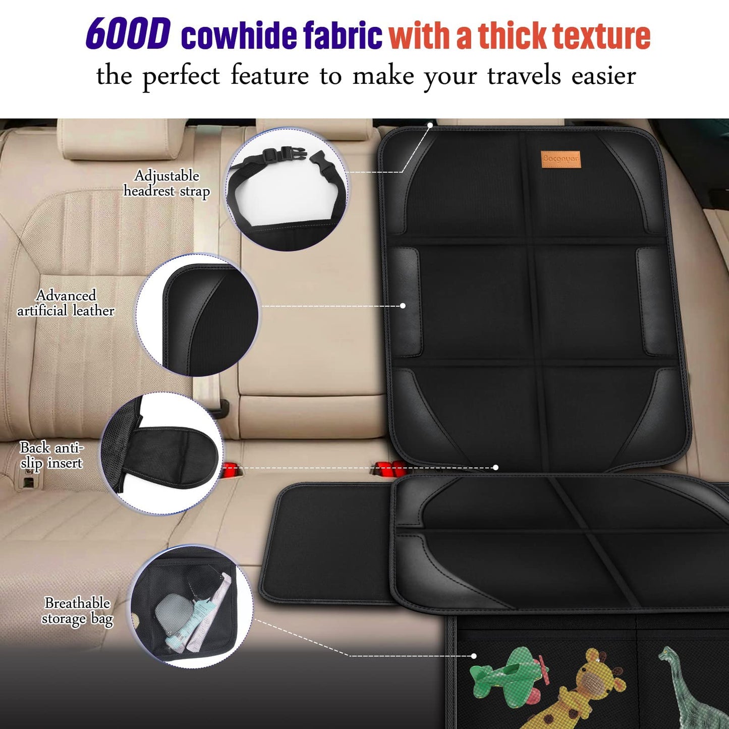 Car Seat Protector, 1 Pack of Seat Protectors, Thickest Padded 600D Fabric Padding, Waterproof, Durable, Anti Slip Backing, Child Seat Protection, Suitable for Babies, Toddlers, Children