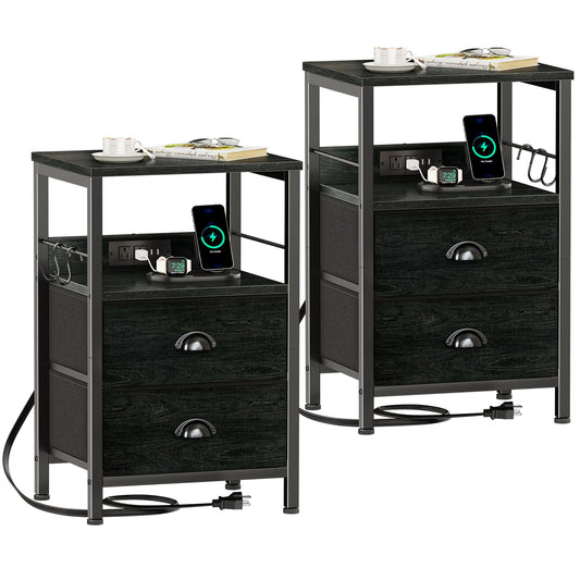 Furologee Nightstand Set of 2, Black Oak, with Charging Station and USB Ports, Side Tables with 2 Fabric Drawers, Bedside Tables with Storage Shelf & Hooks, for Living Room/Bedroom