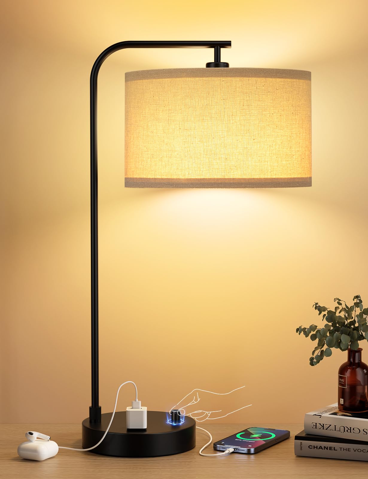 Tall Table Lamp with USB Port and Outlet, Dimmable Nightstand Bedside Lamps with Linen Lampshade, Desk Lamp for Bedroom, Living Room, Guest Room, Home Office, LED Bulb Included
