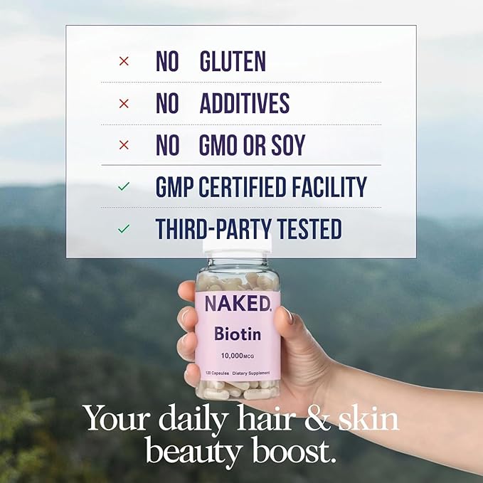 NAKED Biotin 10,000mcg - Max Strength Vitamin B7 Supplement for Healthy Hair, Skin & Nails Support - Non-GMO, Gluten-Free, Vegan - Supports Keratin Production - 120 Capsules