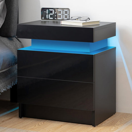 HOMMPA LED Nightstand - Modern Black Night Stand with 2 High Gloss Drawers - 20.5' Tall
