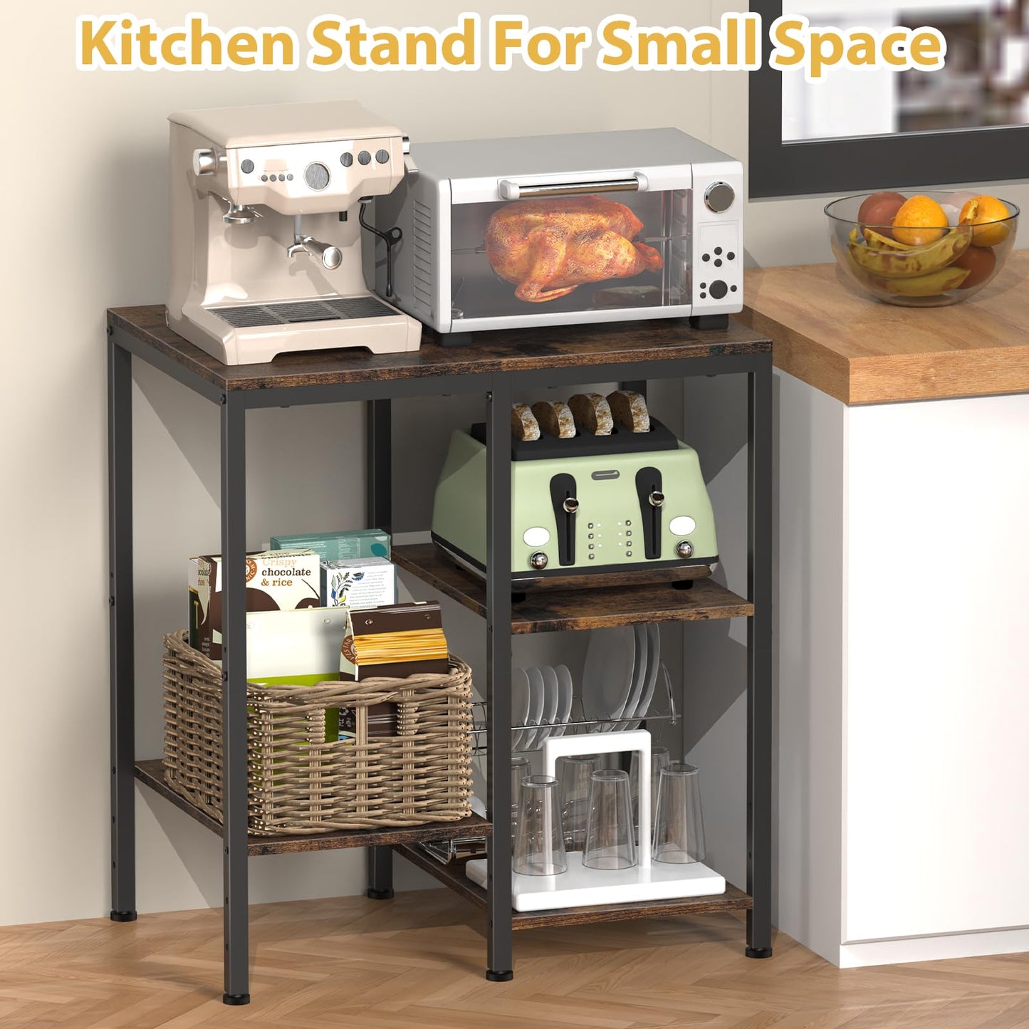 OGEMXU Kitchen Microwave Stand,4-Tier Adjustable Bakers Rack,Multi-Purpose Kitchen Storage Cart for Coffee Station,Space-Saving Metal Appliance Shelf for Living Room,Rustic Brown