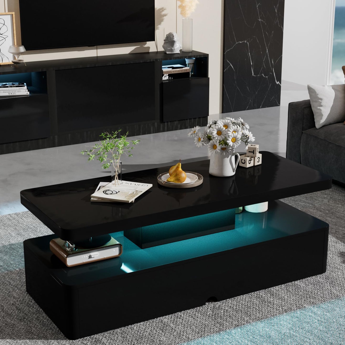 oneinmil Modern LED Coffee Table, 40 Inches Living Room Tables with 16 Colors LED Lights, Double-Layer Design, Stylish Coffee Tables for Living Room, Home, Office, Black