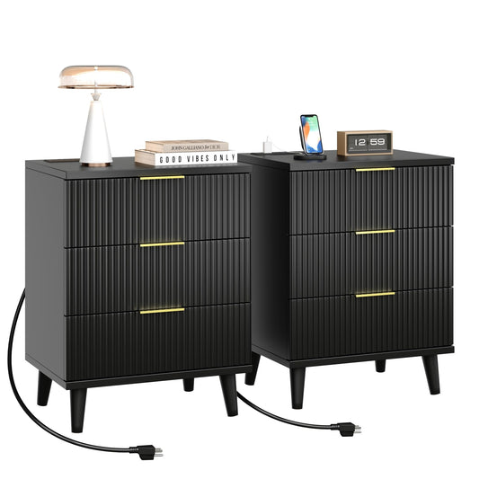 QIPAKA Fluted Night Stand Set of 2 with USB Charging Station, 3-Drawer Dresser Black Wood Moden Night Stand Bedside Table with Quiet Drawers & Large Storage End Table for Bedroom