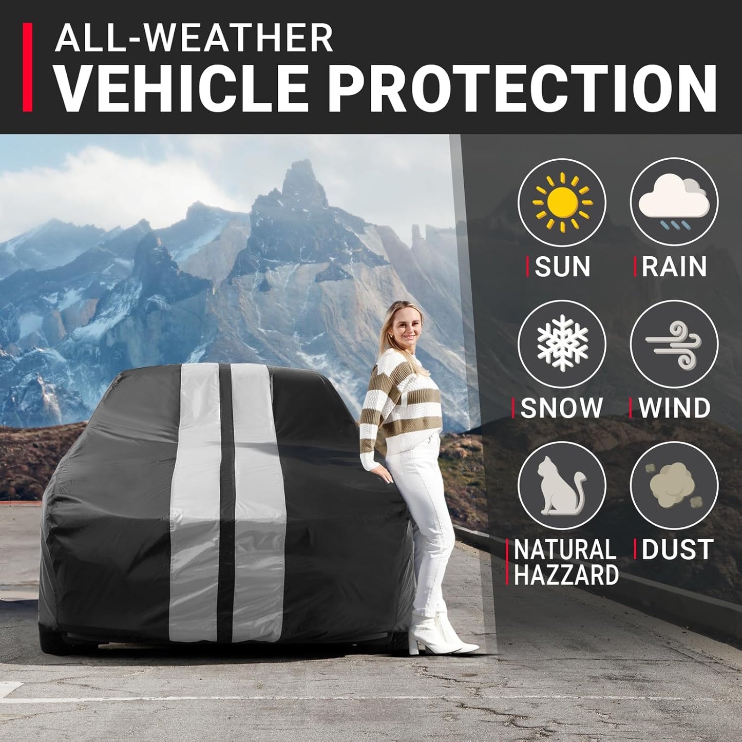 iCarCover Custom Car Cover for Chevy Nova (1968-1979) Waterproof All Weather Rain Snow UV Sun Protector Full Exterior Indoor Outdoor Car Cover (Stripe - Black/Gray)