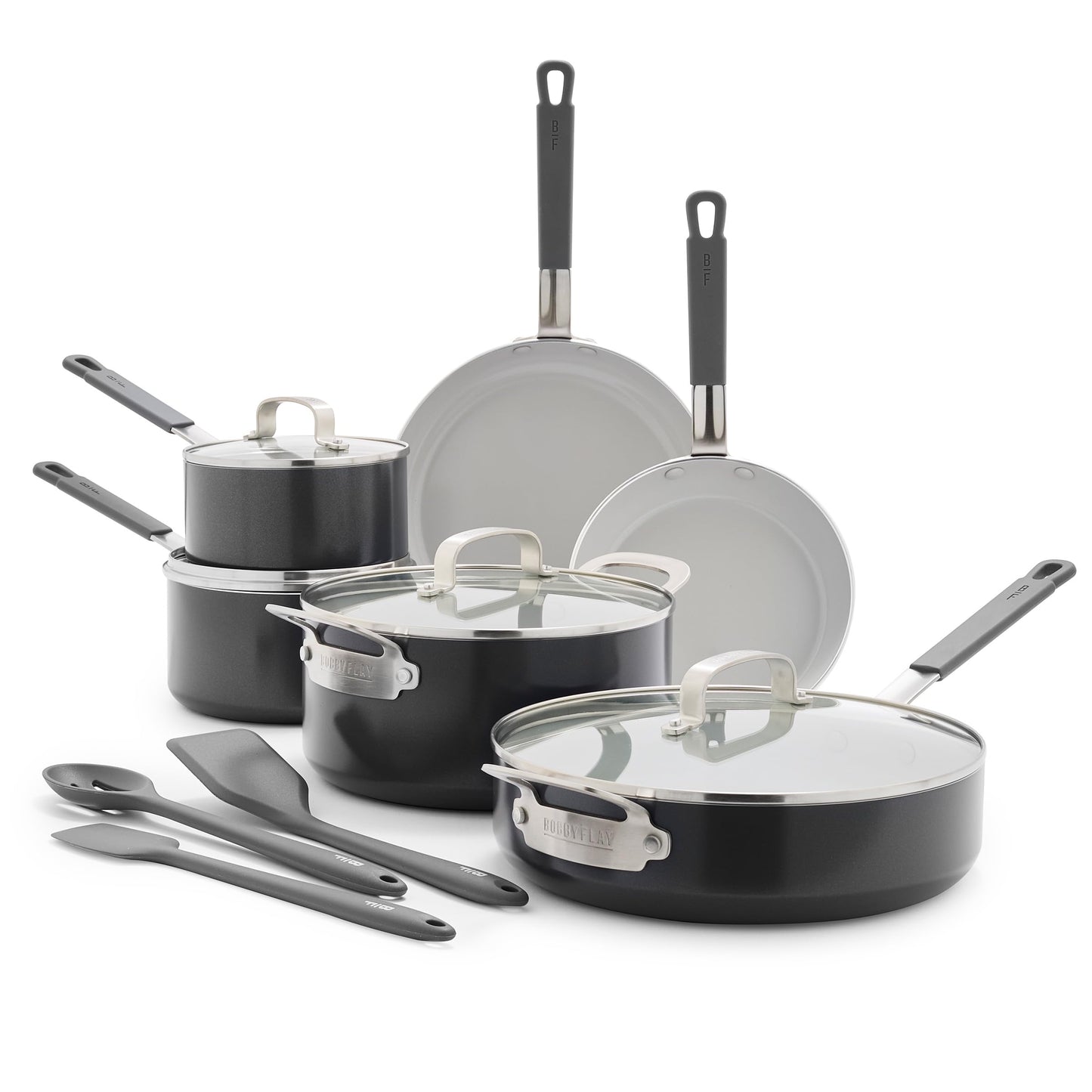 GreenPan x Bobby Flay 13 Piece Nonstick Cookware Pots and Pans Set, PFAS-Free Diamond Ceramic, Induction Suitable, Easy Clean Dishwasher & Oven Safe, Stay-Cool Silicone Handles, Glass Lids, Graphite