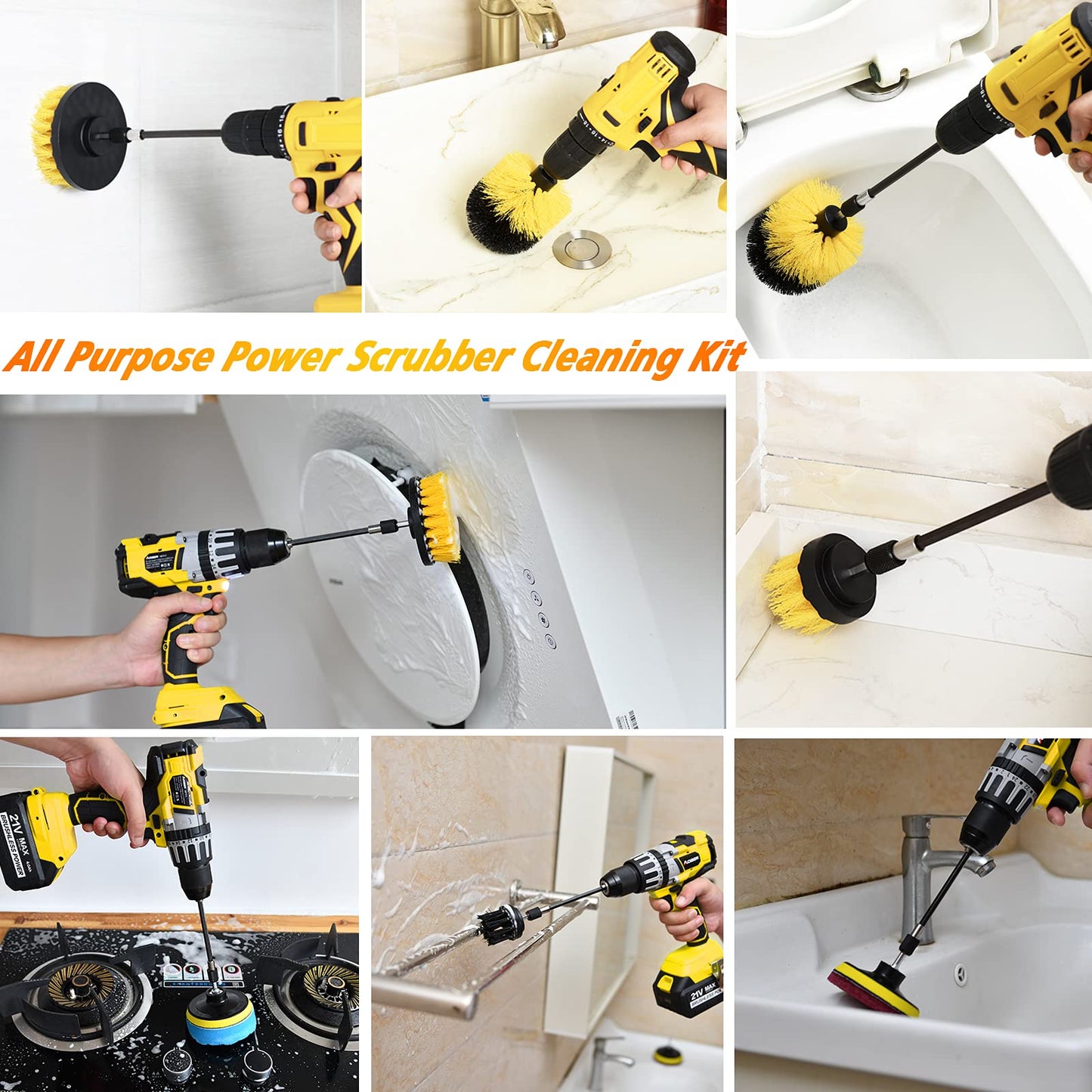 Shieldpro 30 Piece Drill Brush Attachment Set, All Purpose Power Clean Scrubber Brush, Scrub Pads & Sponge with Extend Long Attachment for Bathroom, Kitchen,Grout,Tub,Tile,Corners, Auto